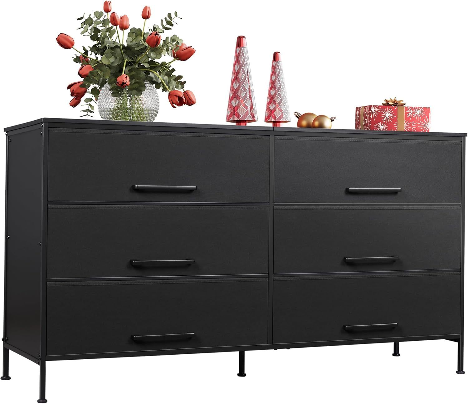 Wide Fabric Dresser, 6 Drawer Dresser TV Stand for 68&quot; TV, Dressers Bedroom Furniture Large Storage Tower Unit with Fabric Bins, White Dresser for Bedroom, Closet, Hallway, Black