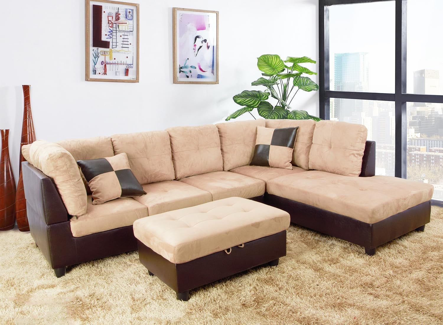 Beige Sectional Couch for Living Room Set, 105 Inch Sectional Sofa L Shaped Couch with Storage Ottoman/Microfiber Fabric/Facing Right Chaise