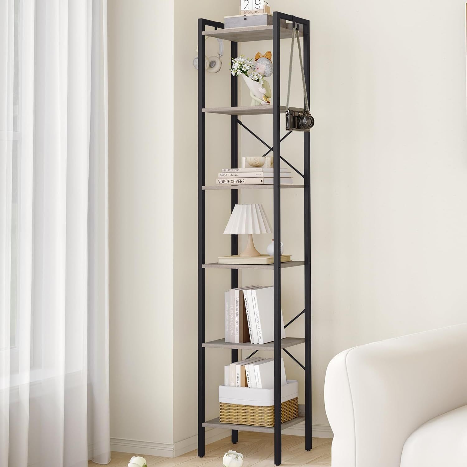 Bookshelf, Book Shelf, Industrial Bookcase with 2 Hooks, Coner Shelf Storage Organizer for Home Office, Living Room, Bedroom, Kitchen, 6-Tier Greige BC10705B