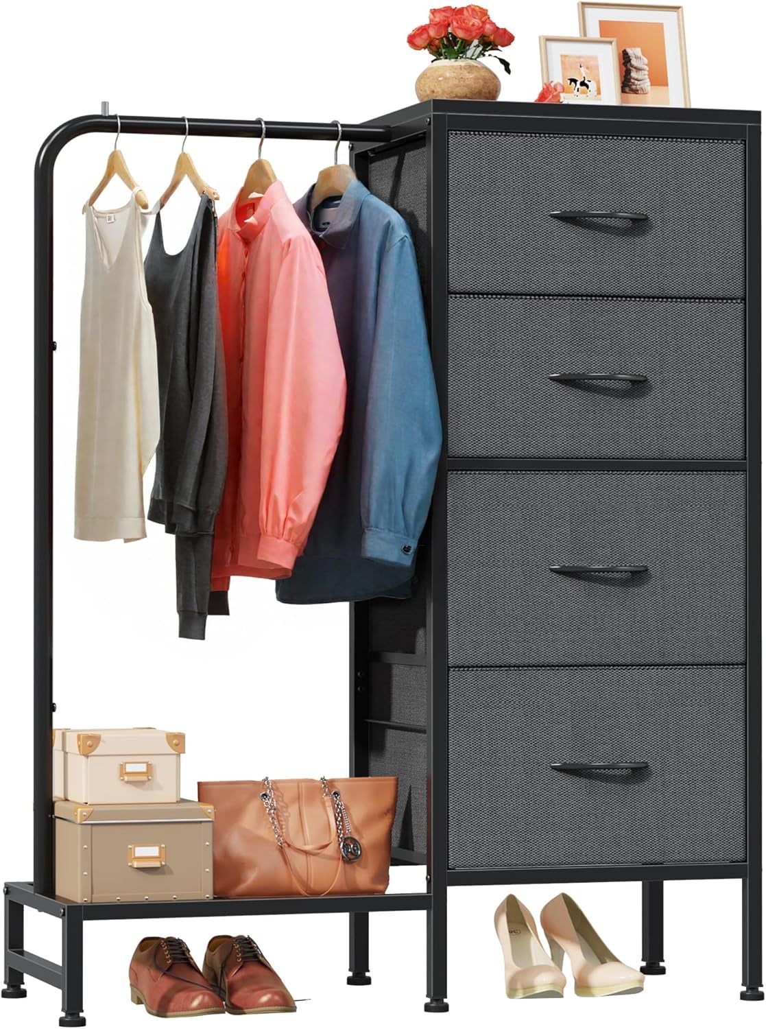 Dresser with Hanging Rack, 4 Drawers Small Dresser for Bedroom, Reversable Fabric Kids Dresser for Closet with Clothes Rack, Tall Chest of Drawers, Sturdy Frame, Grey, 44&#39;&#39;H