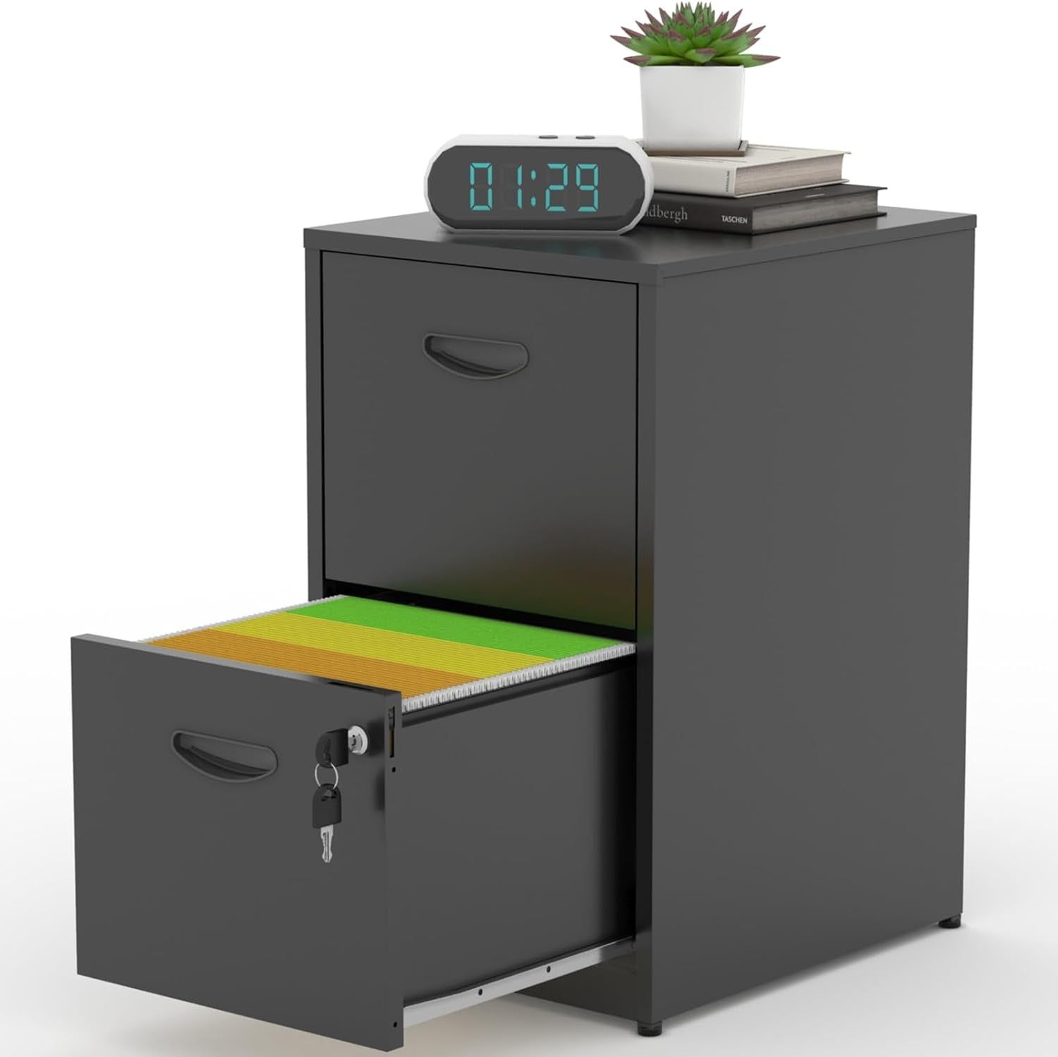 2 Drawer Filing Cabinet with Lock, Black Metal File Cabinets for Home Office, Light Duty Locking Vertical File Cabinet, Steel File Storage Cabinet for Hanging Letter Size File - Assembly Required