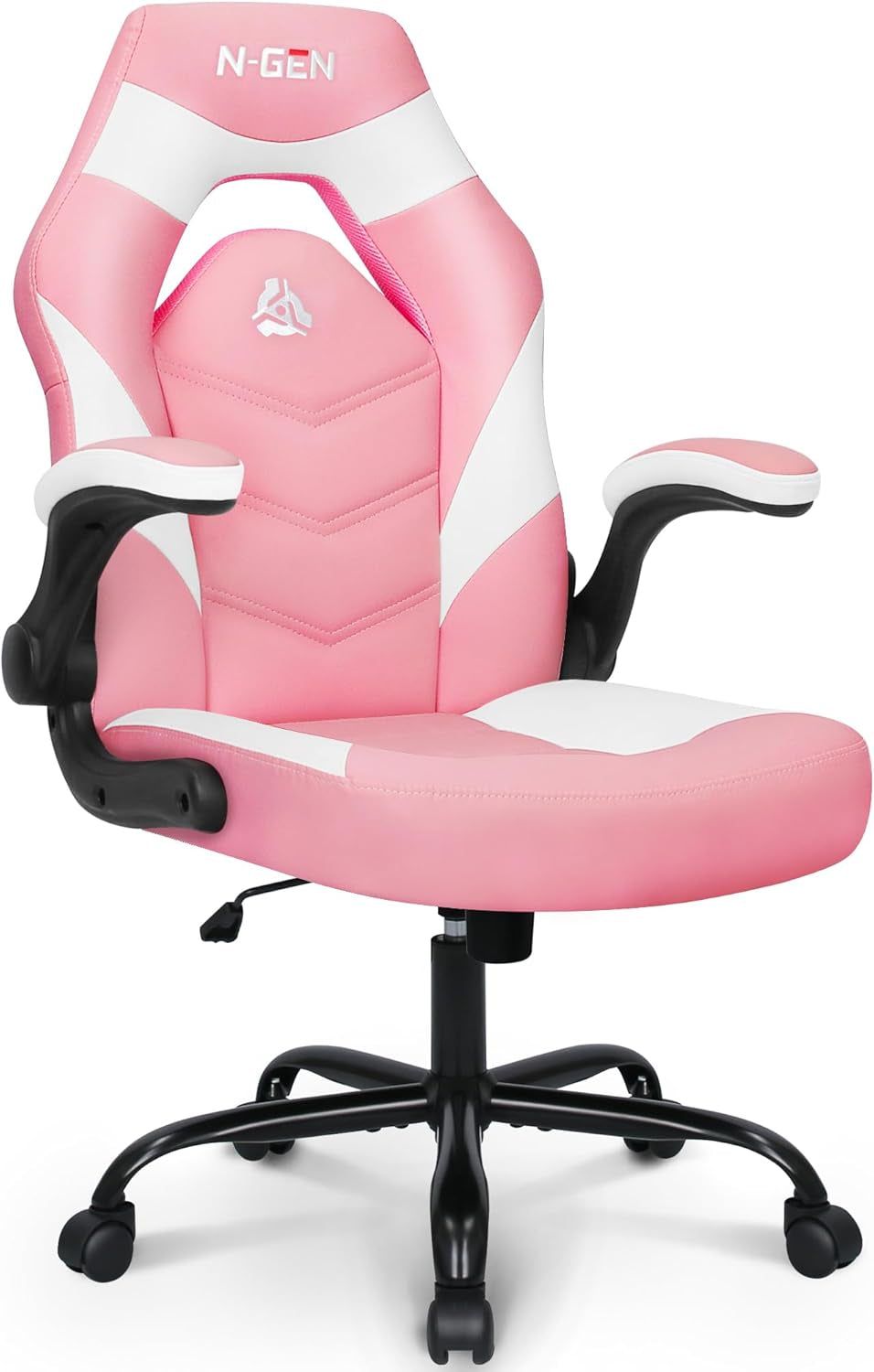 N-GEN Video Gaming Computer Chair Ergonomic Office Chair Desk Chair with Lumbar Support Flip up Arms Adjustable Height Swivel PU Leather Executive with Wheels for Adults Women Men (Pink)