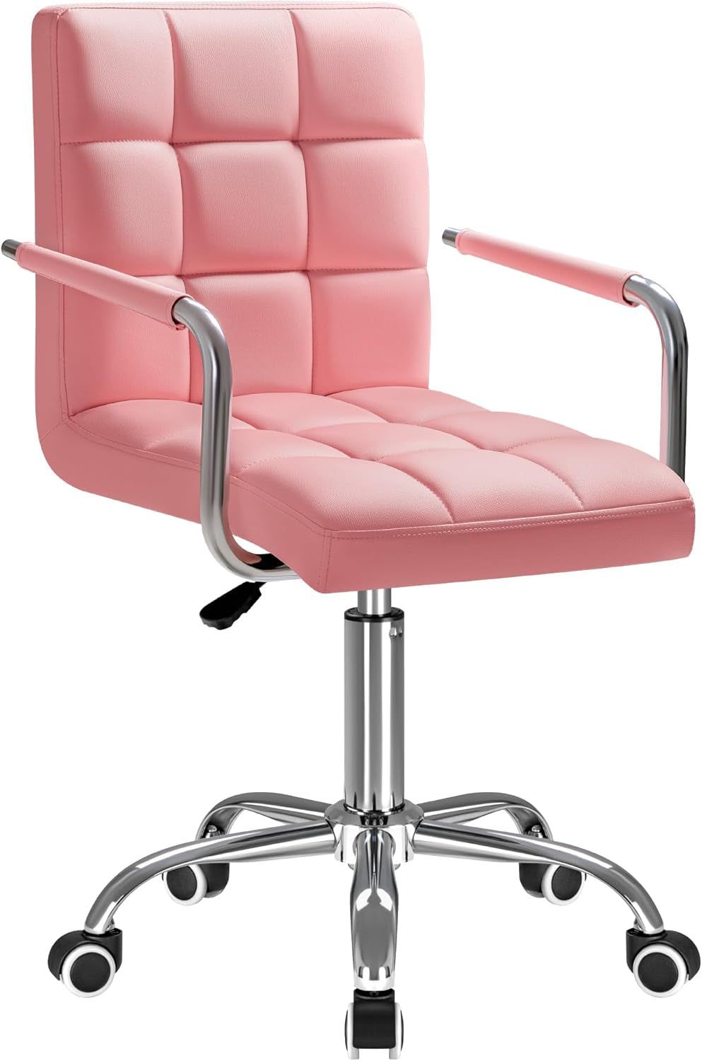 Mid-Back Office Task Chair Ribbed PU Leather Executive Chair Modern Adjustable Home Desk Chair Retro Comfortable Work Chair 360 Degree Swivel with Arms (Pink)