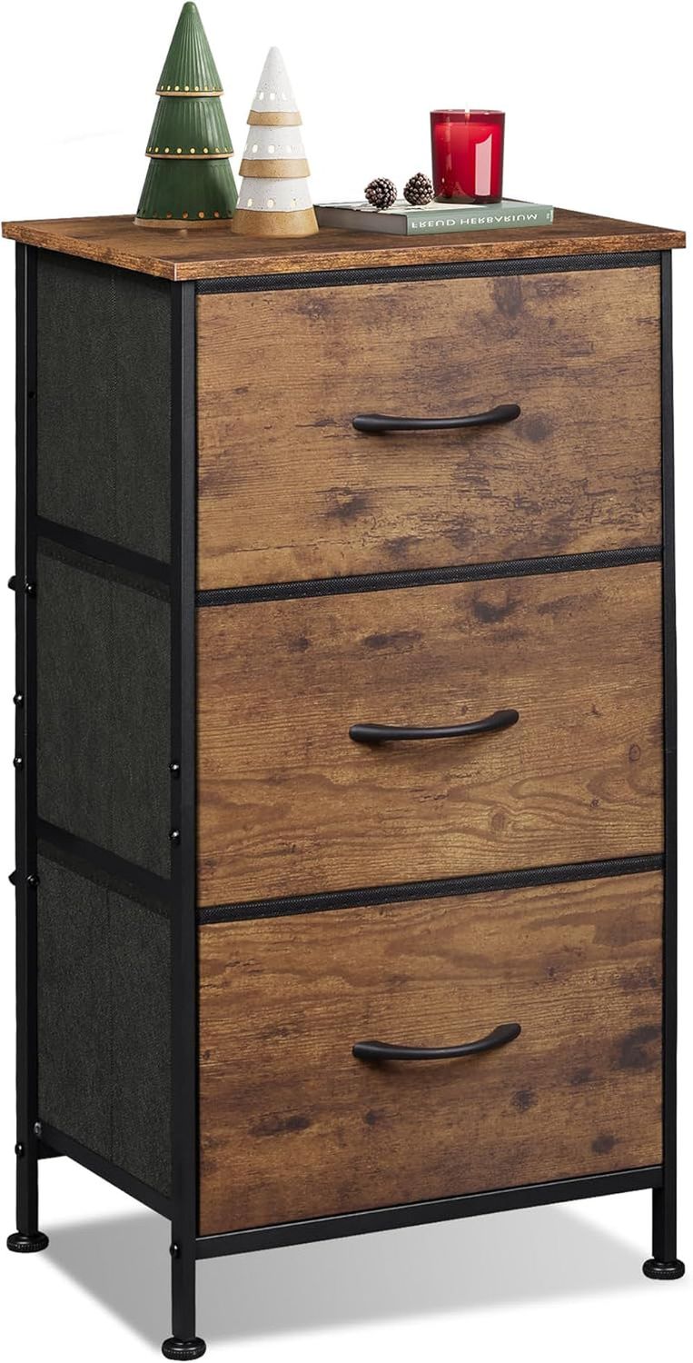 Dresser with 3 Drawers, Fabric Nightstand, Organizer Storage Dresser for Bedroom, Hallway, Entryway, Closets, Sturdy Steel Frame, Wood Top, Easy Pull Handle, Rustic Brown Wood Grain Print