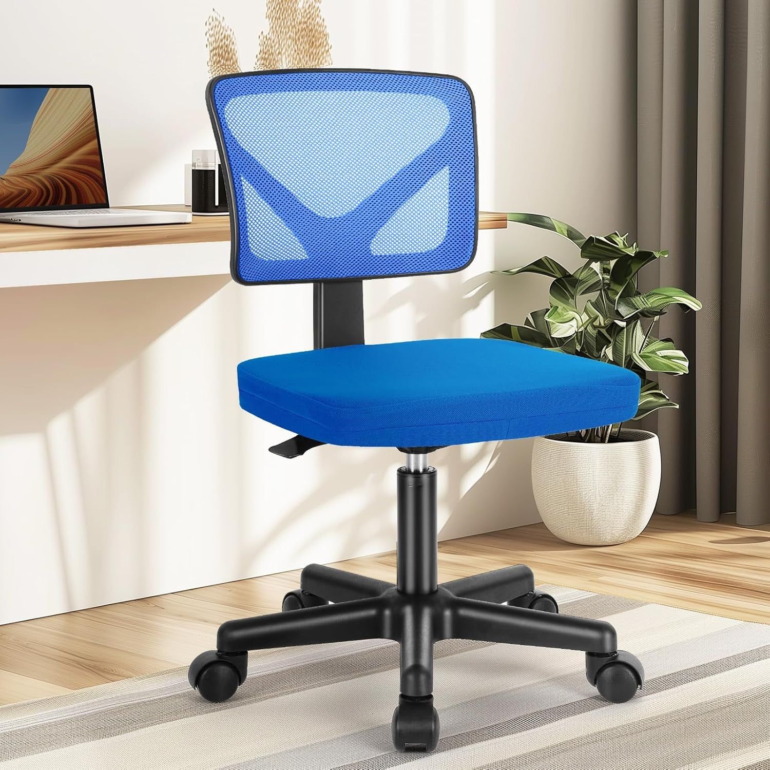 Armless Desk Chairs with Wheels Cute Home Office Chair No Arms, Ergonomic Adjustable Swivel Rolling Task Chair, Comfy Mesh Mid Back Computer Work Vanity Chair for Small Spaces, Blue