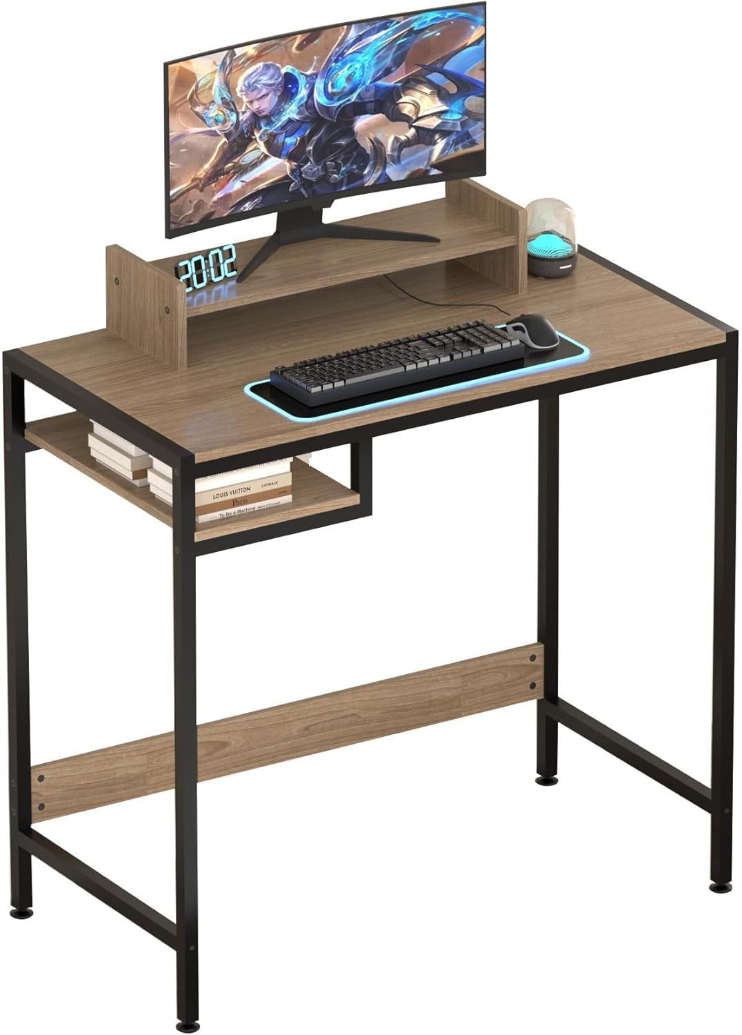 Computer Desk - 32 Inch Home Office Desk with Storage, Gaming Desk with Monitor Stand, Modern Simple Study Table, Adjustable Storage Space, Grey