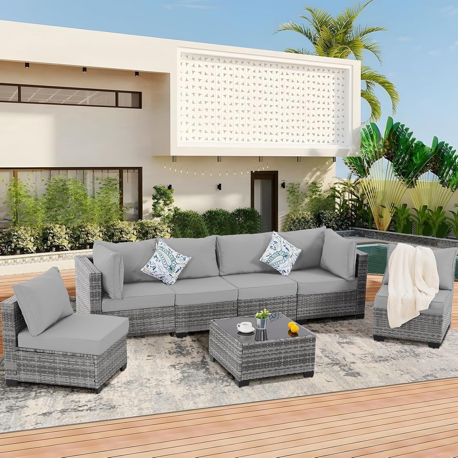 7 Pieces Outdoor Patio Furniture Set, Wicker Sectional Sofa Set Rattan Modular Patio Conversation Sets with Cushions Couch Set &amp; Coffee Table for Outside, Garden, Balcony, Porch, Grey