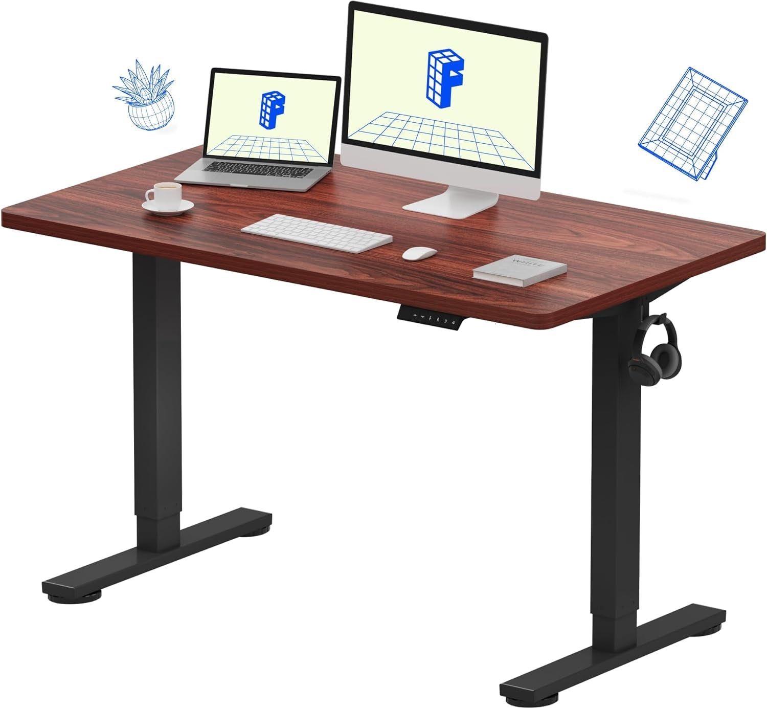 EN1 Whole-Piece Standing Desk 48 X 24 Inches Height Adjustable Desk, Electric Sit Stand Desk Home Office (Black Frame + Mahogany Top, 2 Packages)