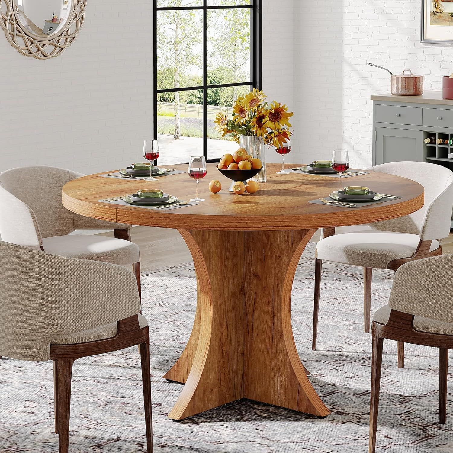 round Dining Table for 4-6, 47.24-Inch Farmhouse Kitchen Table, Wood Dining Table with Pedestal Base, Small Dinner Table for Dining Room,Living Room, Small Space, Brown