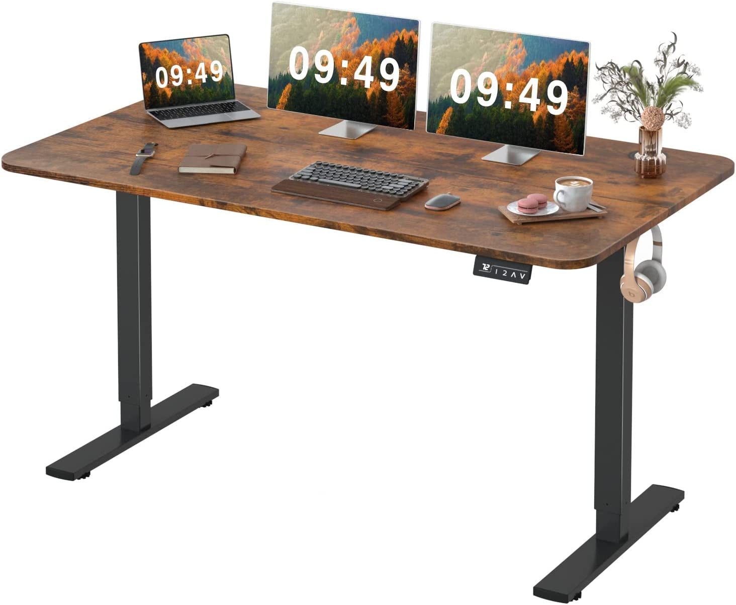 Electric Height Adjustable Standing Desk Large 55 X 24 Inches Sit Stand up Desk Home Office Computer Desk Memory Preset with T-Shaped Metal Bracke, Brown