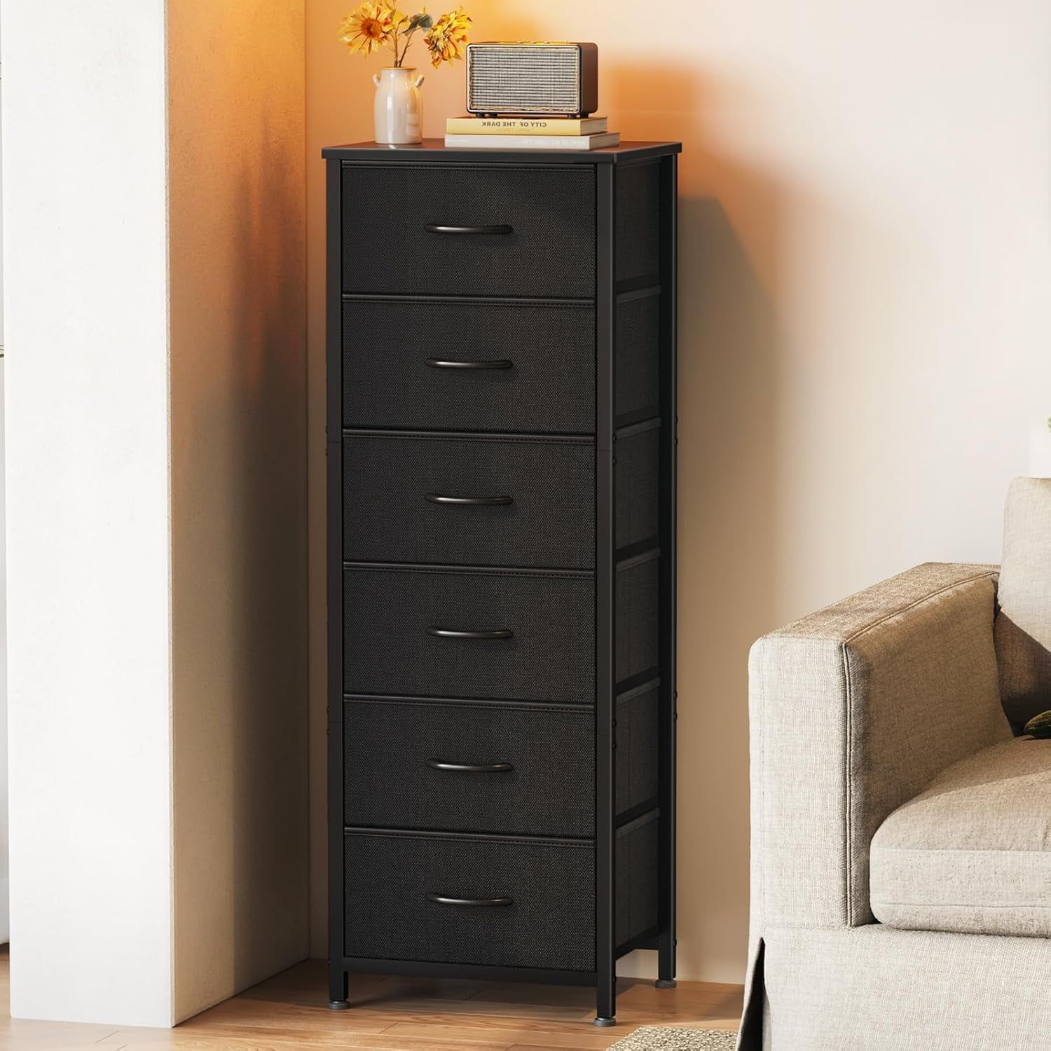 Tall Dresser for Bedroom, Storage Dresser Organizer with 6 Fabric Drawers, Dressers Chests of Drawers, Fabric Dresser with Sturdy Steel Frame for Closet Storage, Hallway, Black