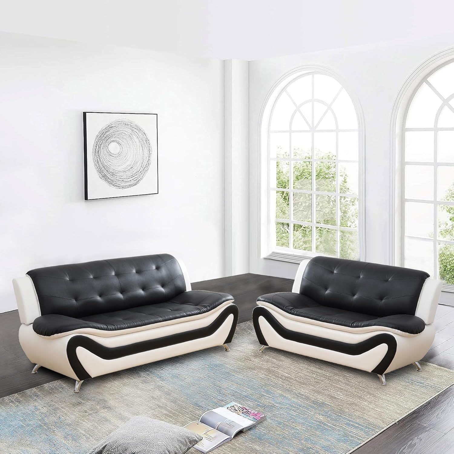 Faux Leather Sofa Couch Set, Living Room Sofa and Loveseat Set, Leather Couch and Loveseat Set for Living Room Office Home (2 Piece Leather Living Room Set, White&amp;Black)