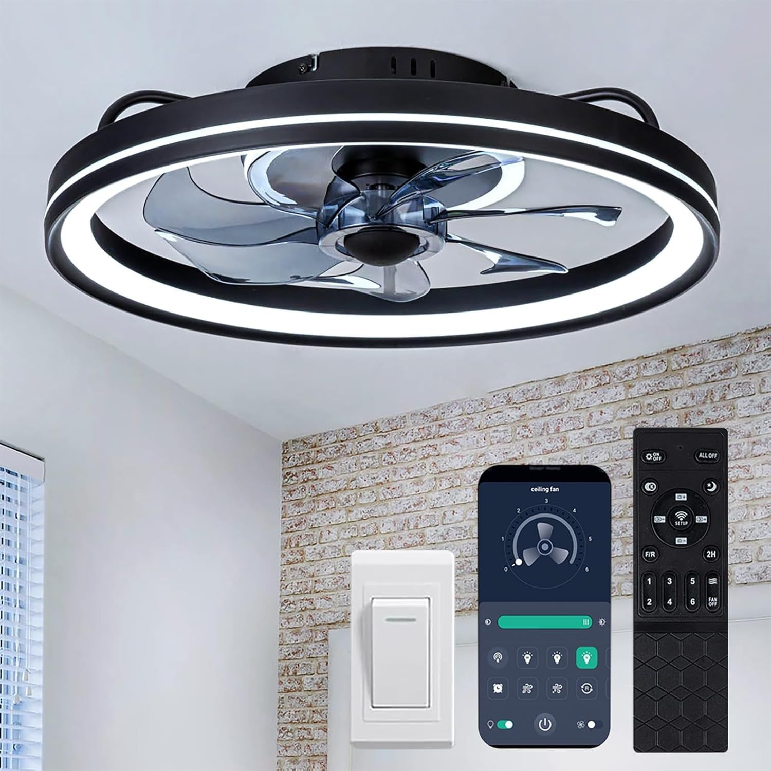 Low Profile Ceiling Fan with Lights and Remote, 20 Inch Modern Ceiling Fans Flush Mount, Dimmable Bladeless LED Fan Light, Ceiling Fans with Lights for Bedroom (Black, Frosted Ring)
