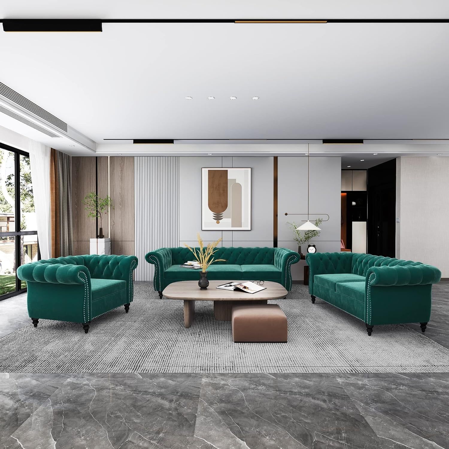 3 Pieces of Living Room Furniture Sofa Sets, Modern Velvet Chesterfield Sofa&amp;Chesterfield Club Chair&amp;Chesterfield Loveseat Sofas Set with Nailhead Trim Scroll Arms for Living Room(Green)