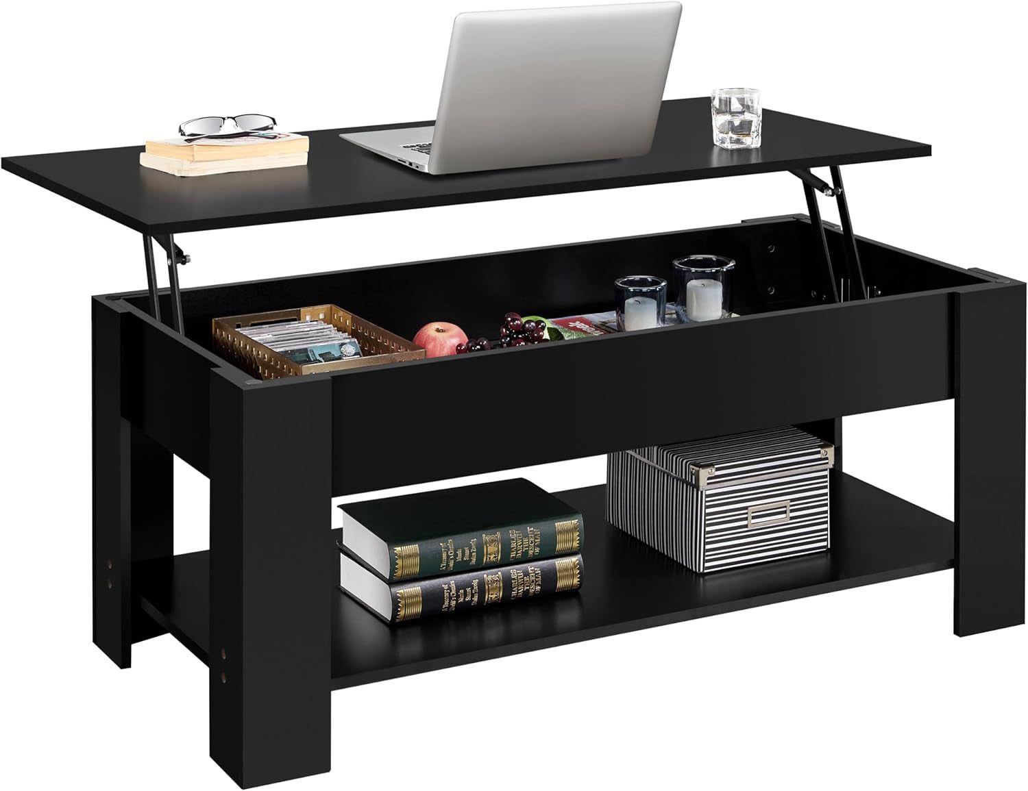 Lift Top Coffee Table with Hidden Compartment and Storage Shelf, Rising Tabletop Dining Table for Living Room Reception Room, 47.5In L, Black