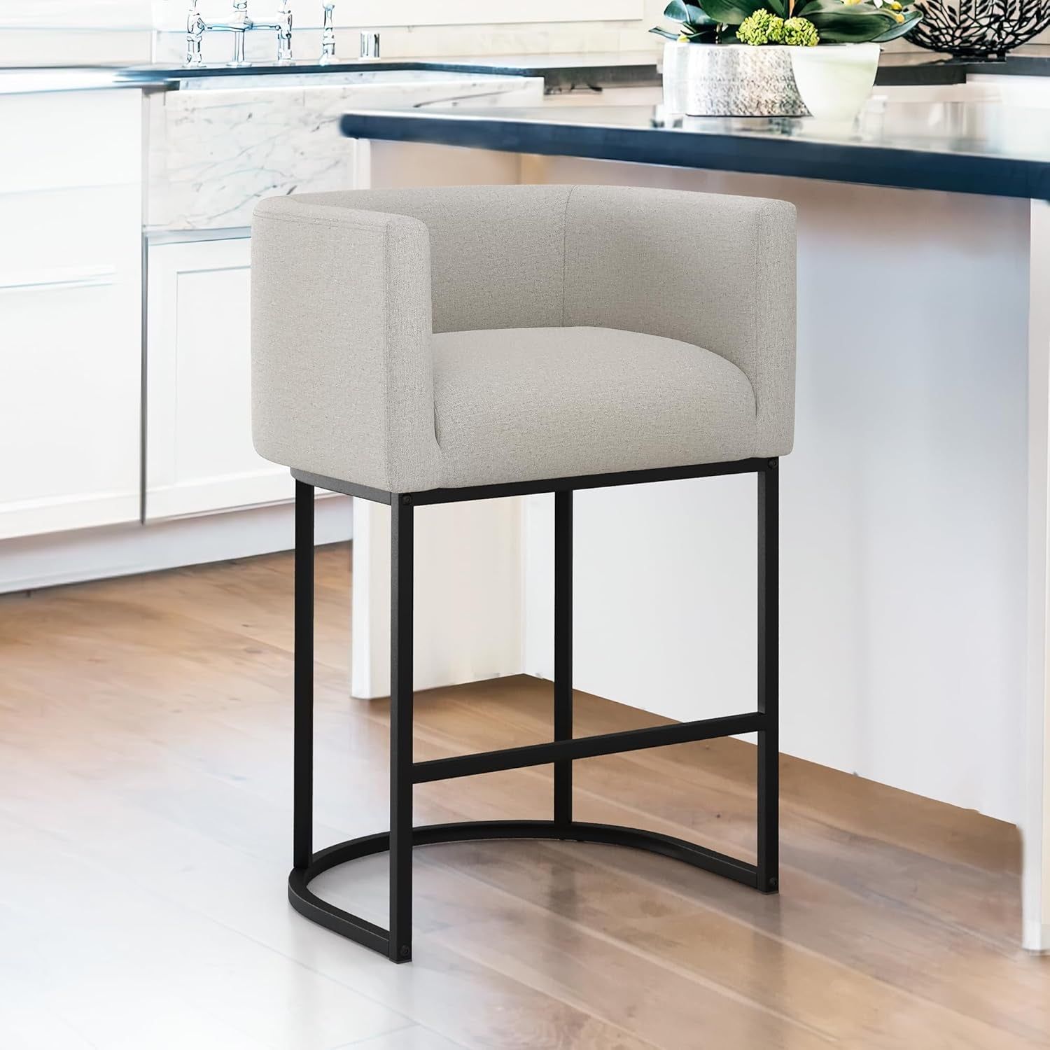 27&quot; H Counter Height Bar Stools, Modern Barrel Counter Stools with Backrest and Arms, Black Metal Frames, Linen Fabric Upholstered Accent Barstools for Kitchen Island, Light Gray