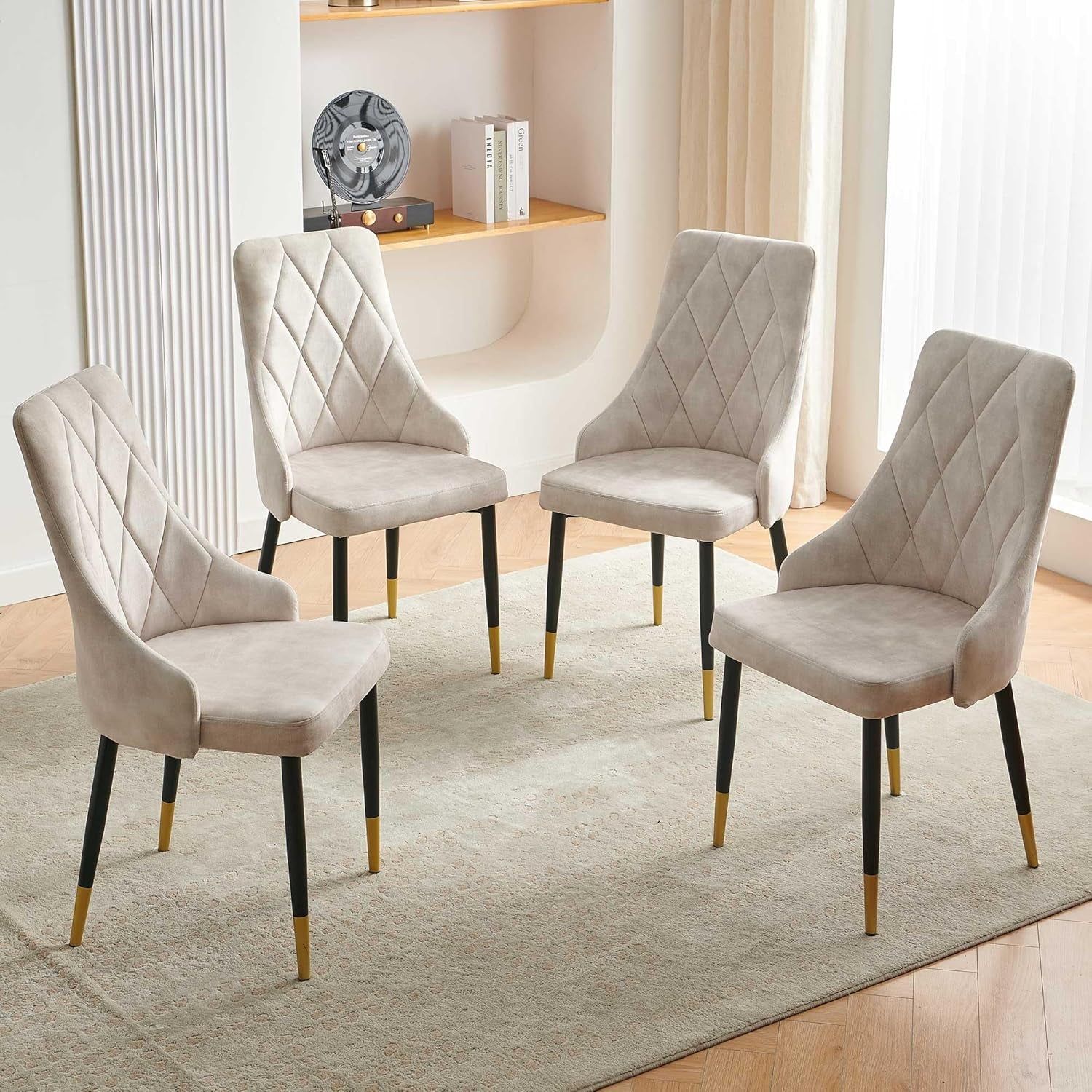 Upholstered Velvet Dining Chair Set of 4, Beige Armless Side Chair with Metal Legs for Home Kitchen