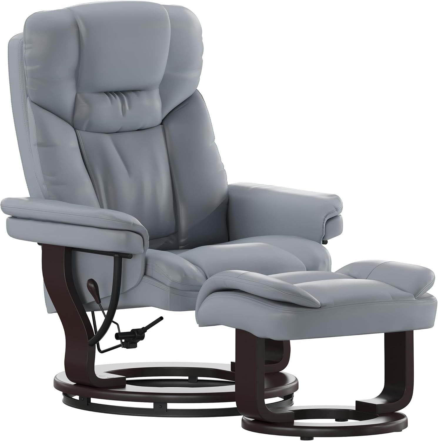 Allie Contemporary Multi-Position Recliner and Curved Ottoman with Swivel Mahogany Wood Base in Gray Leathersoft
