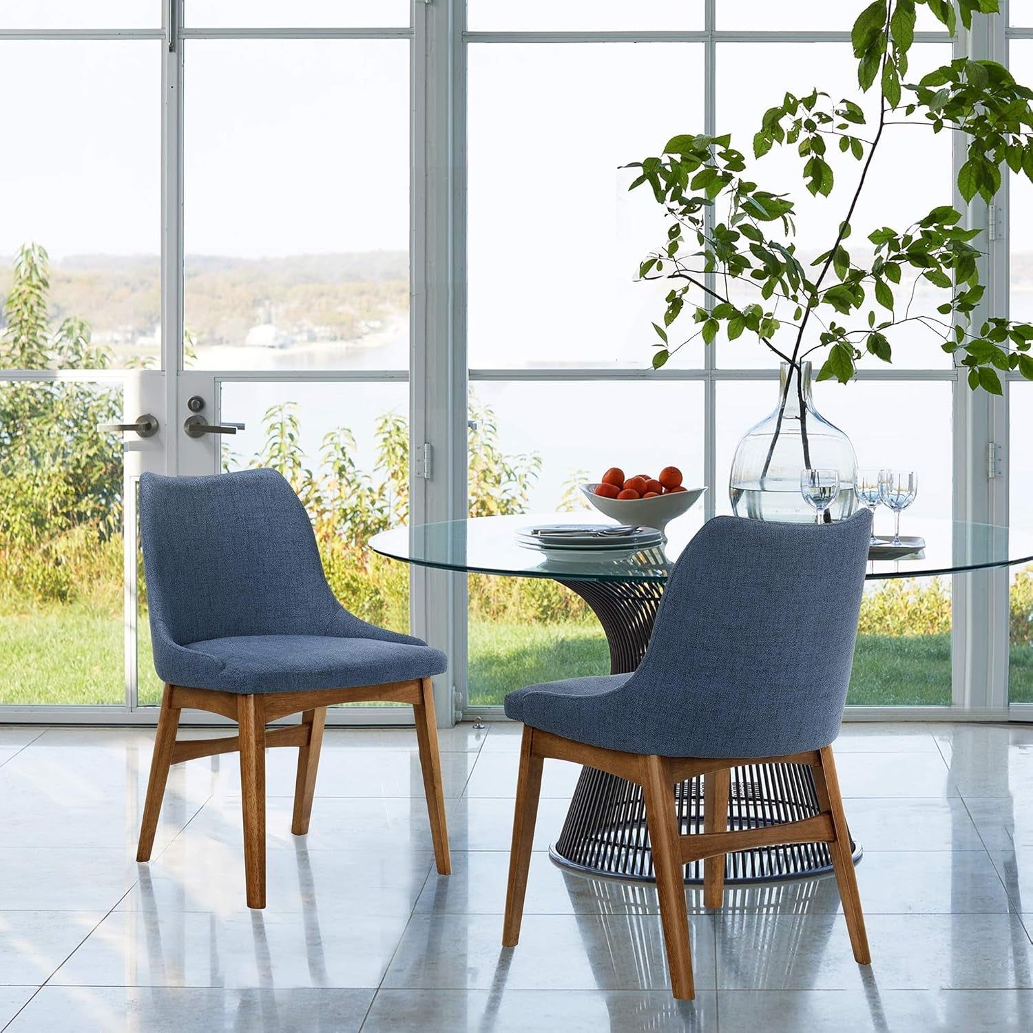 Azalea Blue Fabric and Walnut Wood Dining Side Chairs - Set of 2