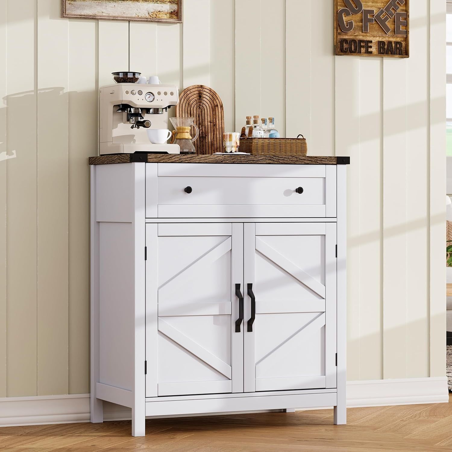 Kitchen Storage Cabinet, Coffee Bar Cabinet, Buffet Sideboard Cabinet with Drawer, Entryway Cabinet for Kitchen, Living Room, White