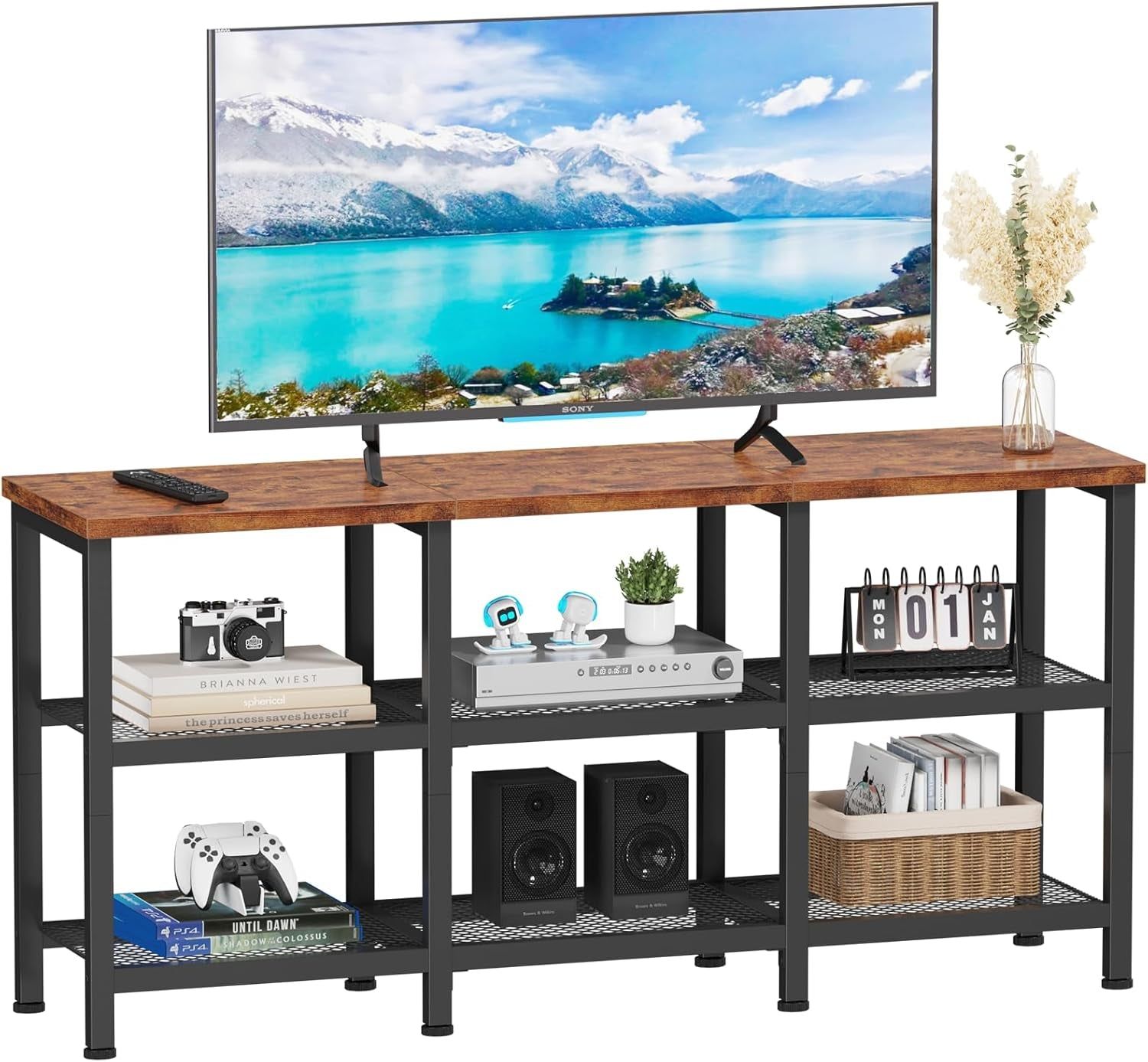 TV Stand, Small TV Console Table with 3-Tier Storage Shelves, Industrial Media Entertainment Center for Tvs up to 50 Inch, Television Stands for Living Room, Bedroom, Rustic Brown
