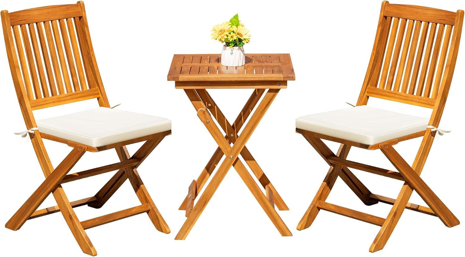 3 Piece Patio Folding Furniture Bistro Set with 2 Cushions for Pool Beach Backyard Balcony Porch Deck Garden, Acacia Wood