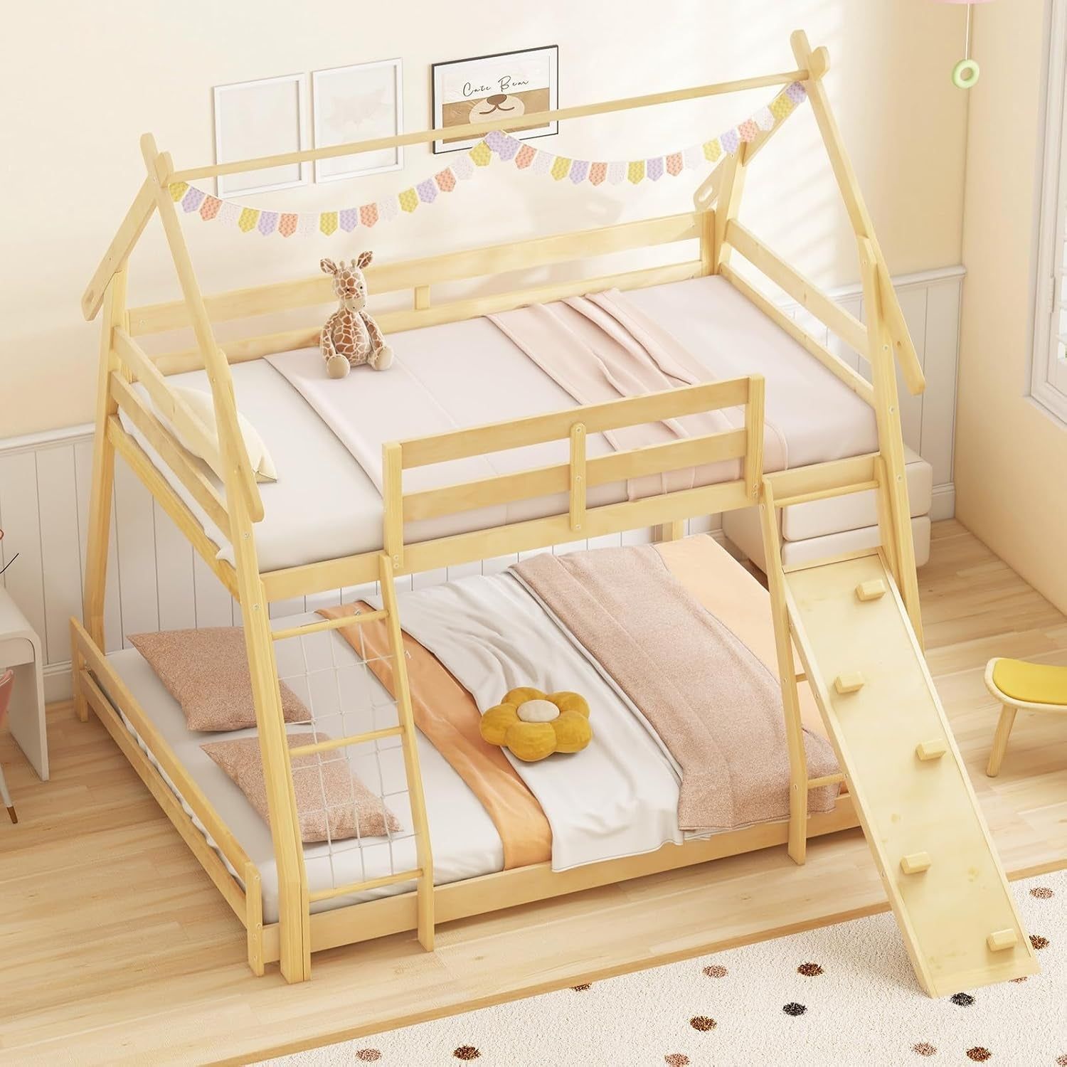 Twin over Queen Bunk Bed, Wood House Bunk Bed for Kids with Climbing Nets and Ramp, Floor Queen Size Bunk Beds with Safety Guardrail, No Box Spring Needed, for Boys Girls Adults (Natural)