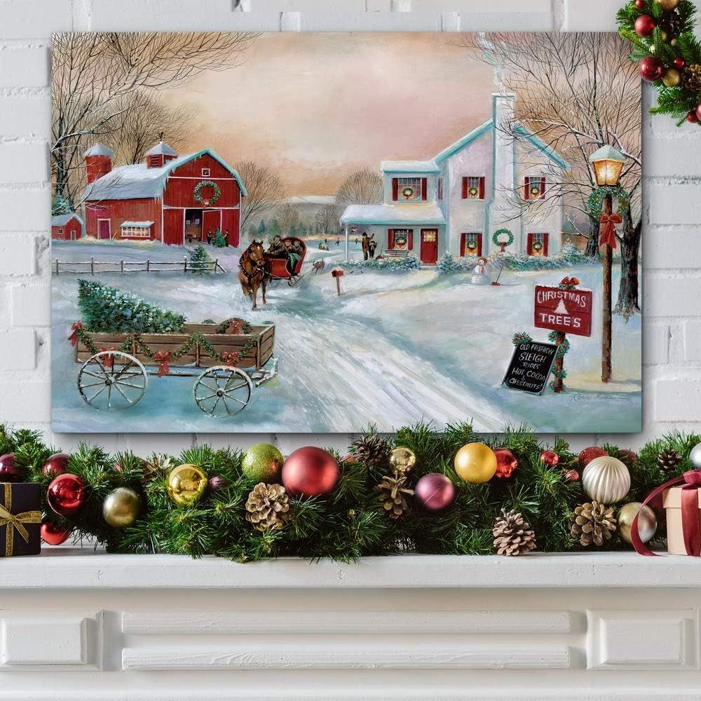 Christmas Tree Farm Wall Art, Country Winter Scene with Red Barn, Charming Decorations, Premium Gallery Wrapped Canvas Decor, Ready to Hang, 24 in H X 36 in W, Made in America
