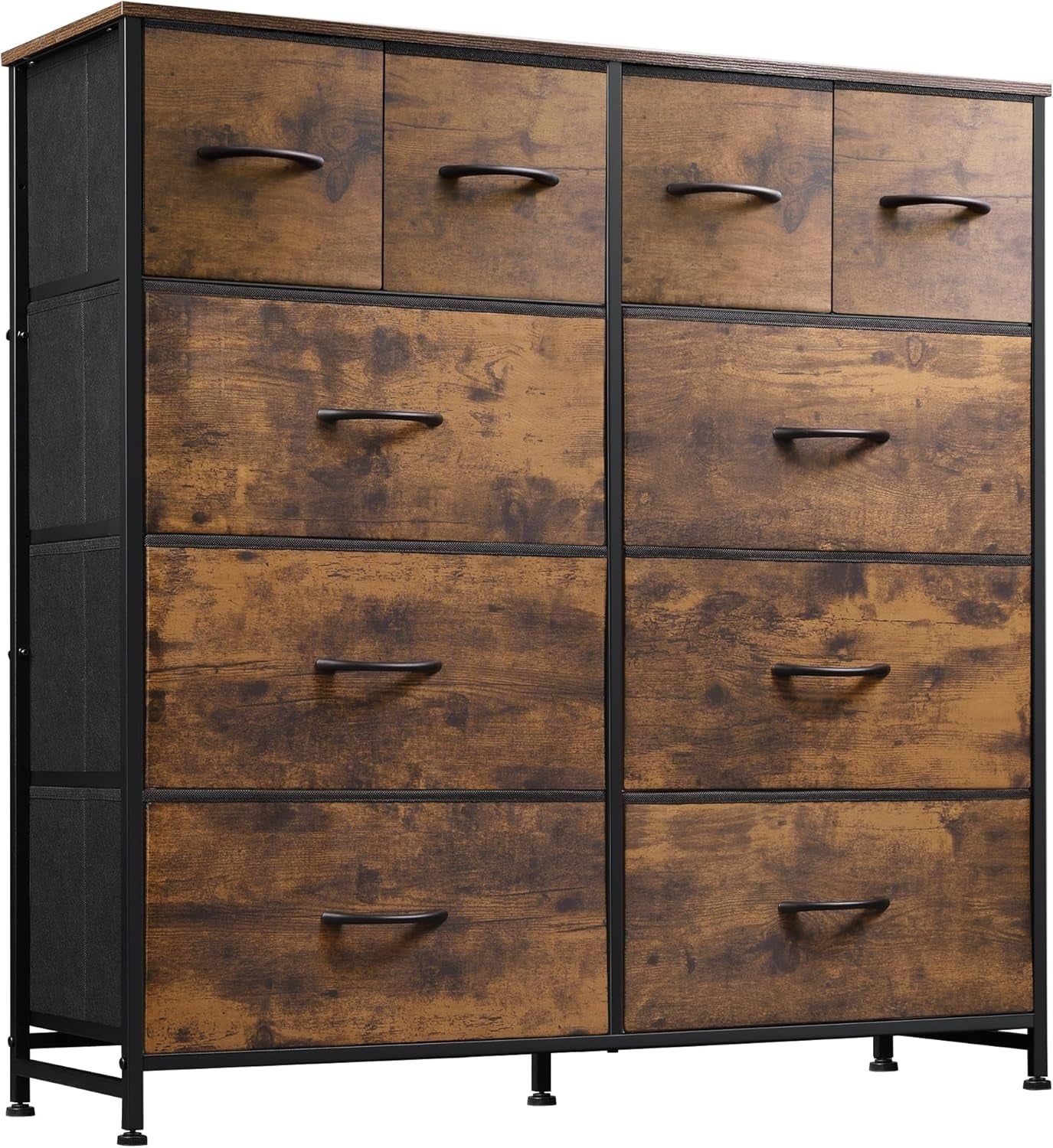 Dresser for Bedroom with 10 Drawers, Wide Fabric Dresser for Storage and Organization, Bedroom Dresser, Chest of Drawers for Living Room, Closet, Hallway, Rustic Brown Wood Grain Print