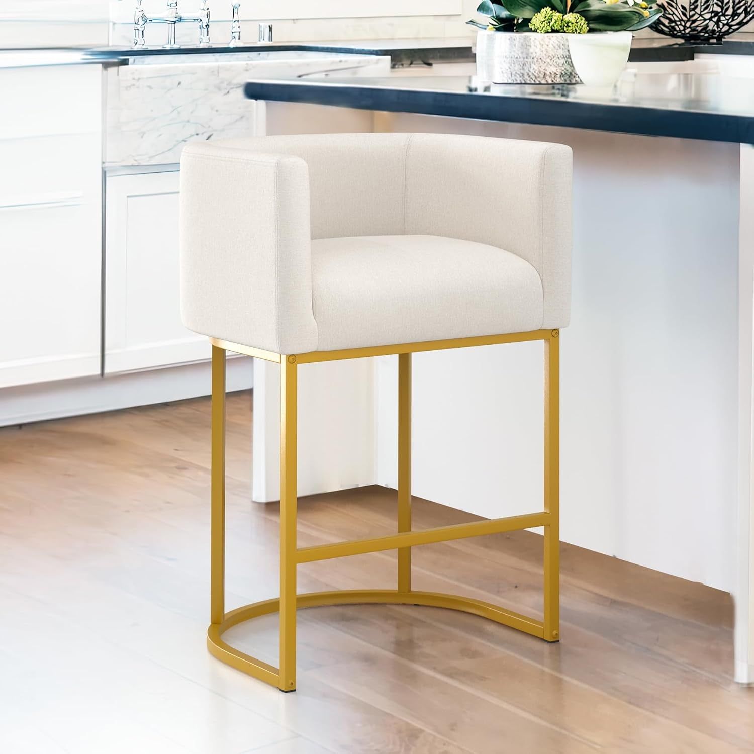 27&quot; H Counter Height Bar Stools, Modern Barrel Counter Stools with Backrest and Arms, Gold Metal Frames, Linen Fabric Upholstered Accent Barstools for Kitchen Island, Beige