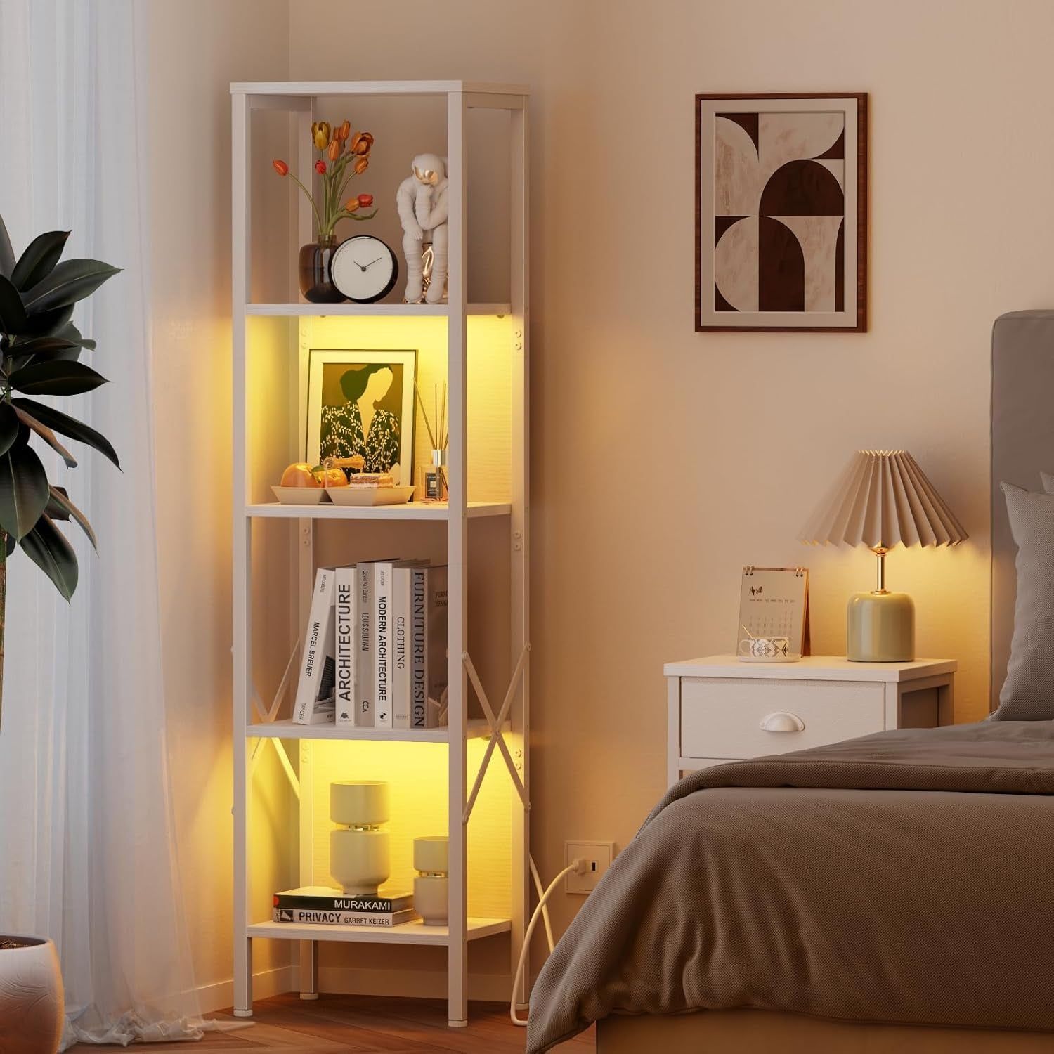 Bookshelf with LED Lights, 5 Tier Display Shelf with Back, Tall Narrow Bookcase, Modern Corner Standing Shelves, Metal and Wooden Storage Rack for Bedroom, Living Room, Office, White