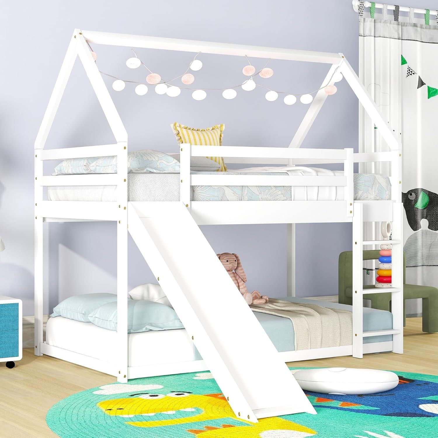 Twin over Twin House Bunk Bed with Slide,Floor Bunk Beds with Ladder for Kids,Solid Wood Twin Size Low Bunk Bed for Girls Boys