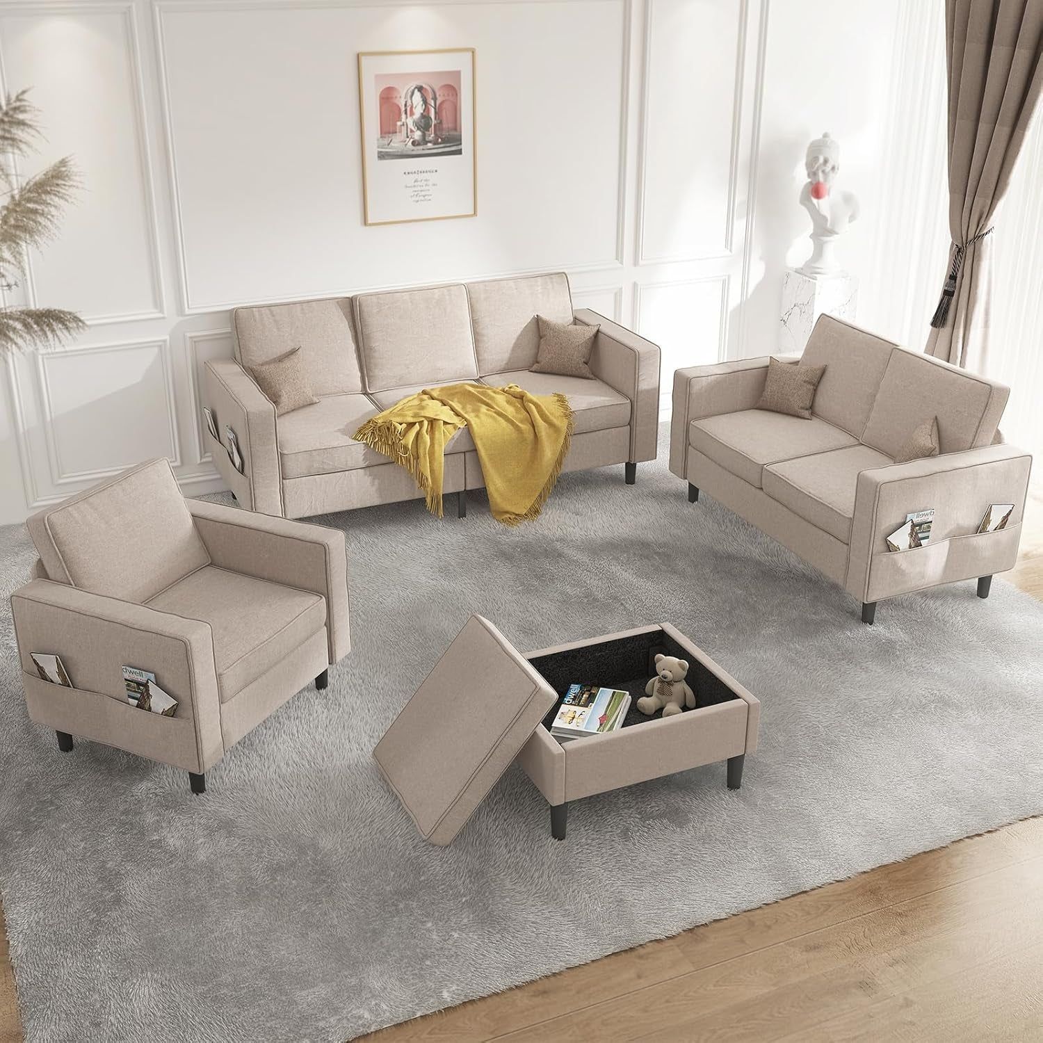 Sectional Sofa Set for Living Room, 4Pcs Couches Modern Sofas with Movable Storage Ottoman/Side Pockets/Modern Sofas/Easy Assembly/Free Combination - Beige