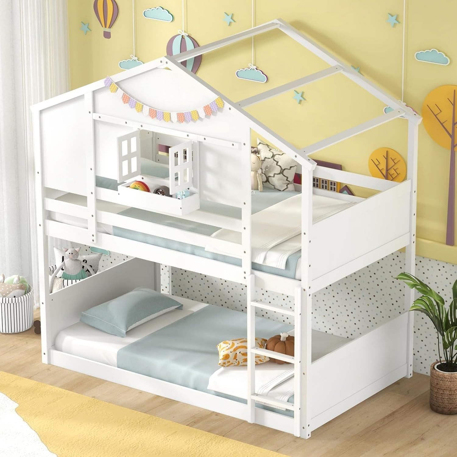 Bunk Bed Twin over Twin, Wood House Bed for Kids with Roof, Window Door, Storage Box, Safety Guardrails, Wood Slats &amp; Ladder, Floor Bunk Bed for Junior Boys Girls, No Box Spring Needed, White