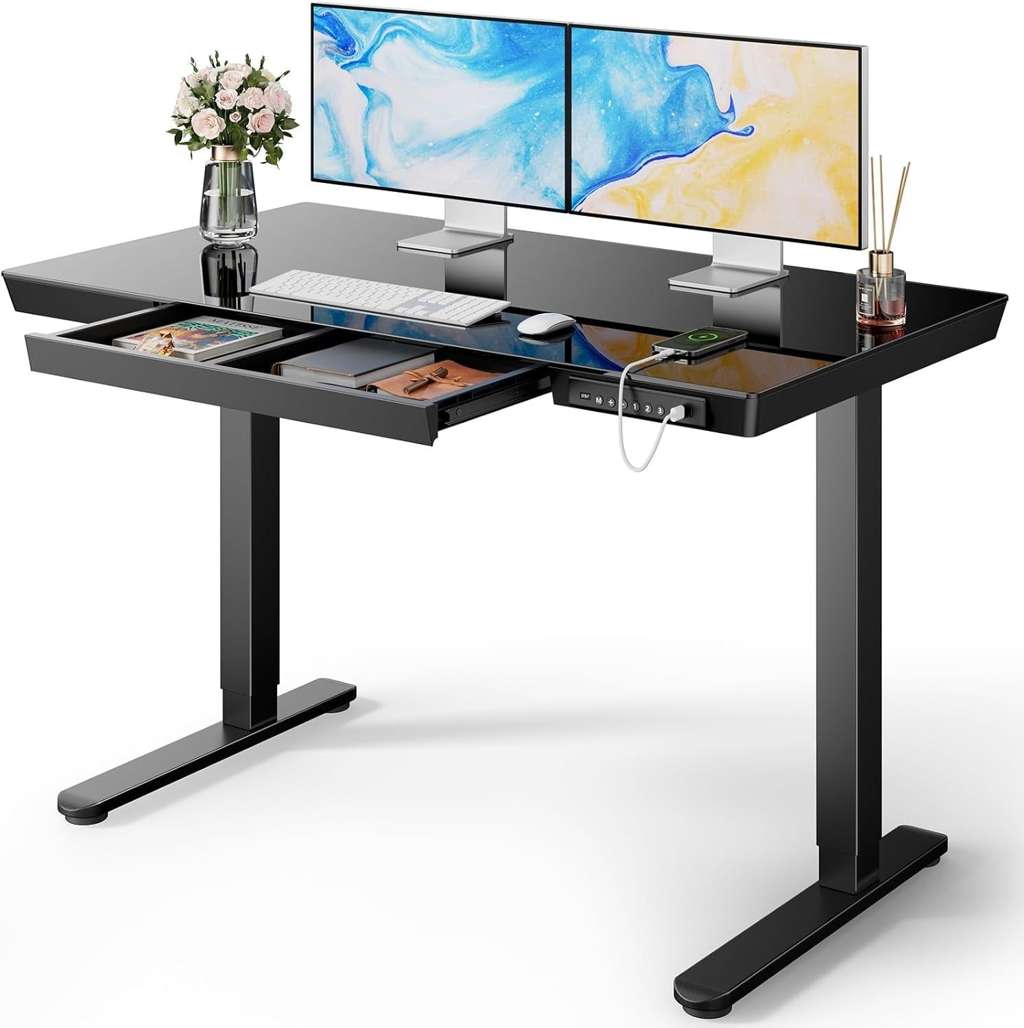 Glass Standing Desk with Drawer, 48 X 24 Inch Electric Standing Desk, Height Adjustable Desk with One-Piece Tabletop &amp; USB Charging Ports, Sit Stand Desk with Storage for Home &amp; Office Black