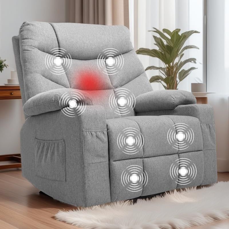 Oversized Swivel Rocking Recliner with Massage and Heat for Big and Tall, Fabric Rocker Recliner Chair with Cup Holders and Side Pocket, Comfy Home Theater Seating for Living Room, Gray