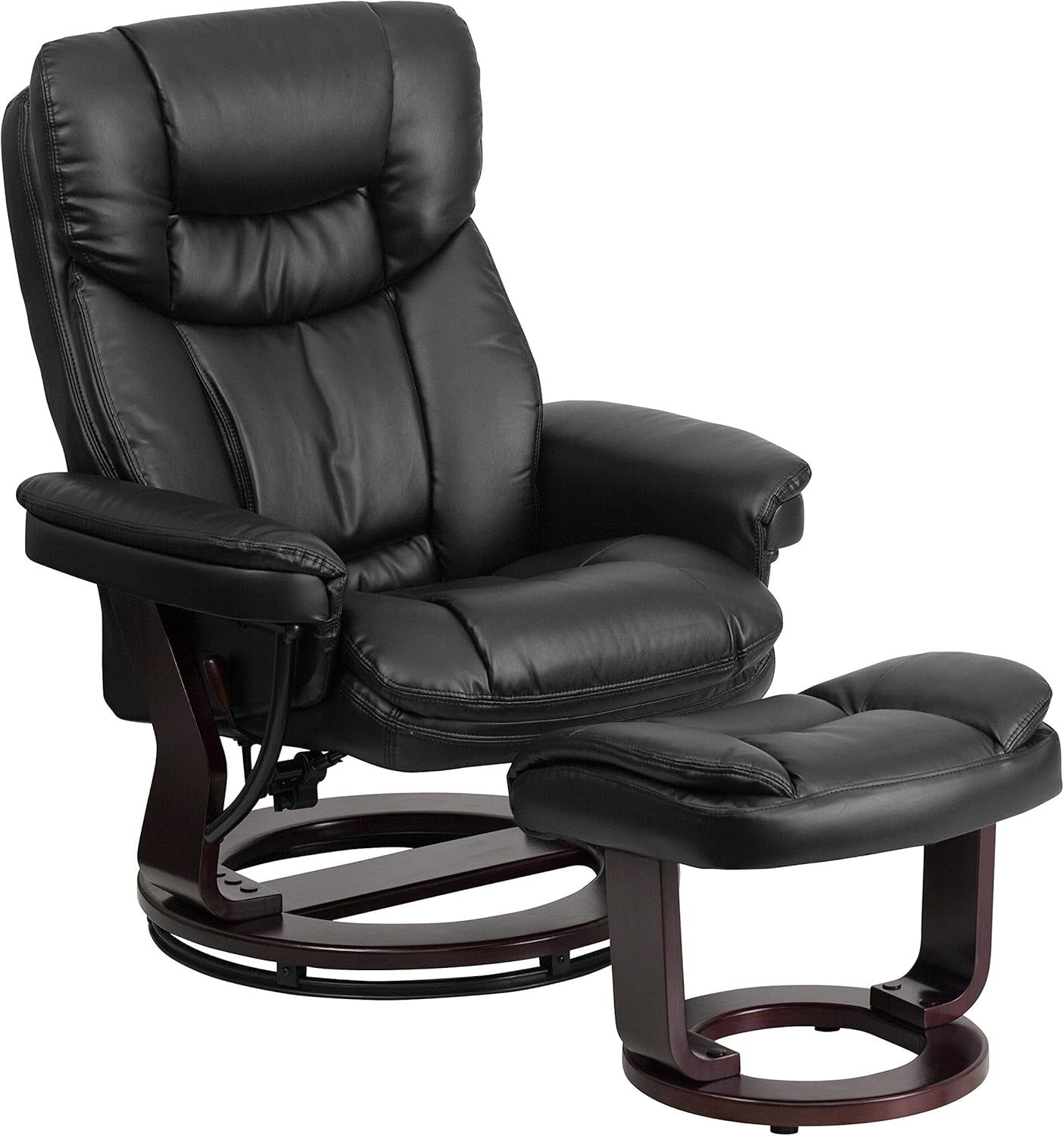 Allie Leathersoft Upholstered Recliner with Footrest, Arms, and Headrest, Padded Swivel Recliner Chair and Ottoman Set, Black