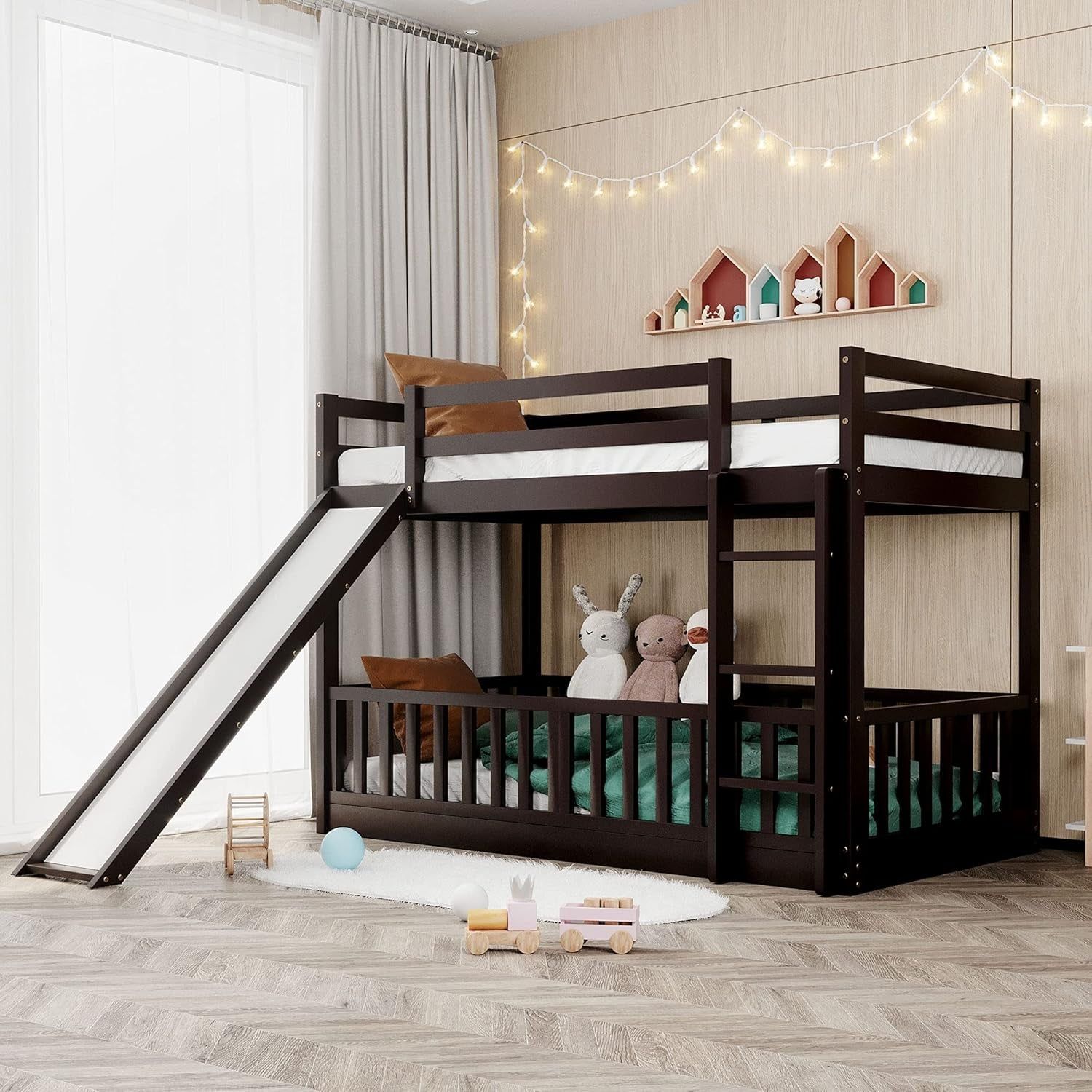 Twin over Twin Floor Bunk Bed with Slide and Ladder, Low Bunk Bed for Kids, Girls, Boys, Removable Fence, Bunk Bed with Slide, Espresso