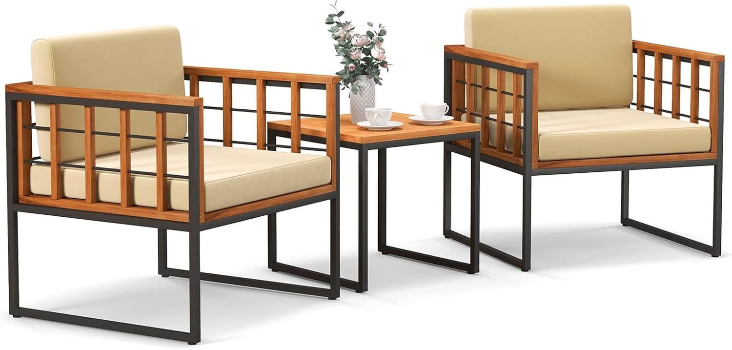3 Pieces Patio Chair Set, Acacia Wood Outdoor Sofa Set with Metal Support, Soft Seat &amp; Back Cushions Included, Cushioned Bistro Set for Balcony, Porch, Backyard (Beige)