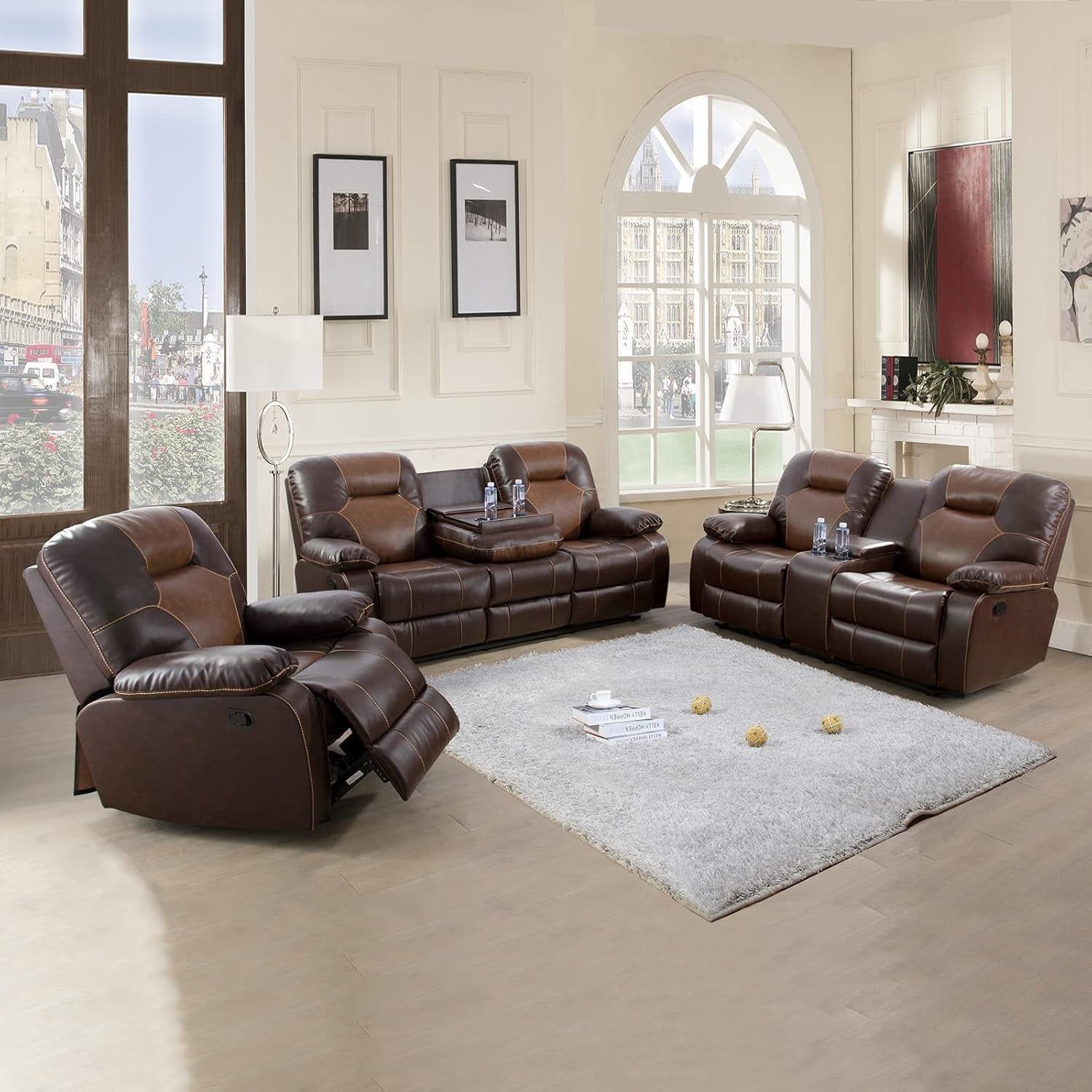 3 Piece Recliner Sofa Set Bonded Leather, Luxury Living Room Furniture Set, Leather Sofa Set Manual Reclining for Office Home (Brown)