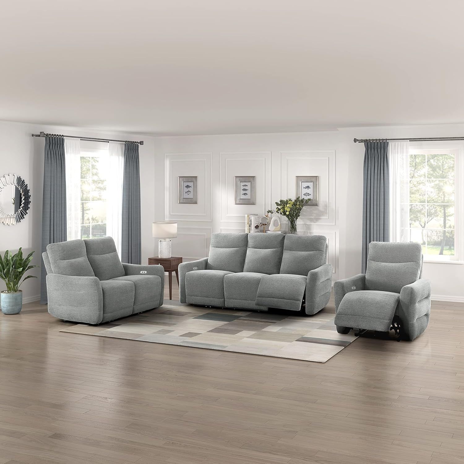 Rainwood Wall-Hugger Power Double Lay Flat Reclining Living Room Set, 3-Piece, Dove Gray