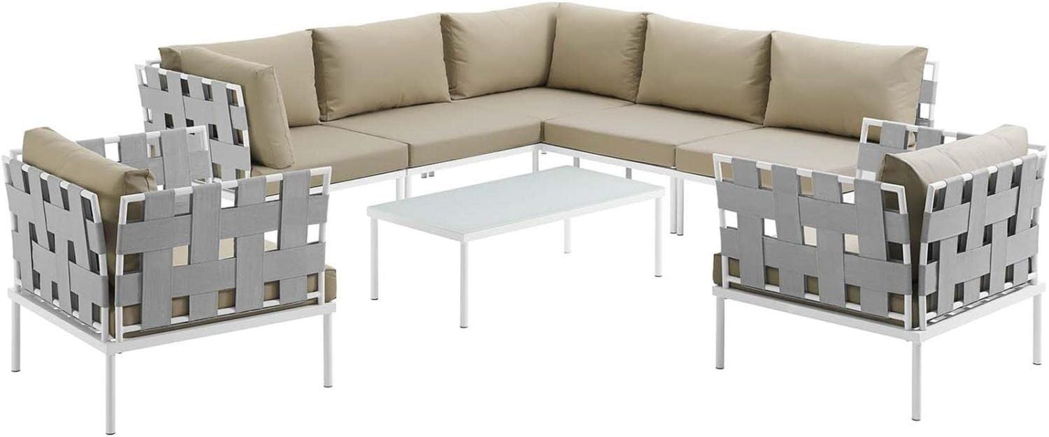 Harmony 8-Piece Aluminum Outdoor Patio Furniture Sectional Sofa Set with Cushions in White Beige