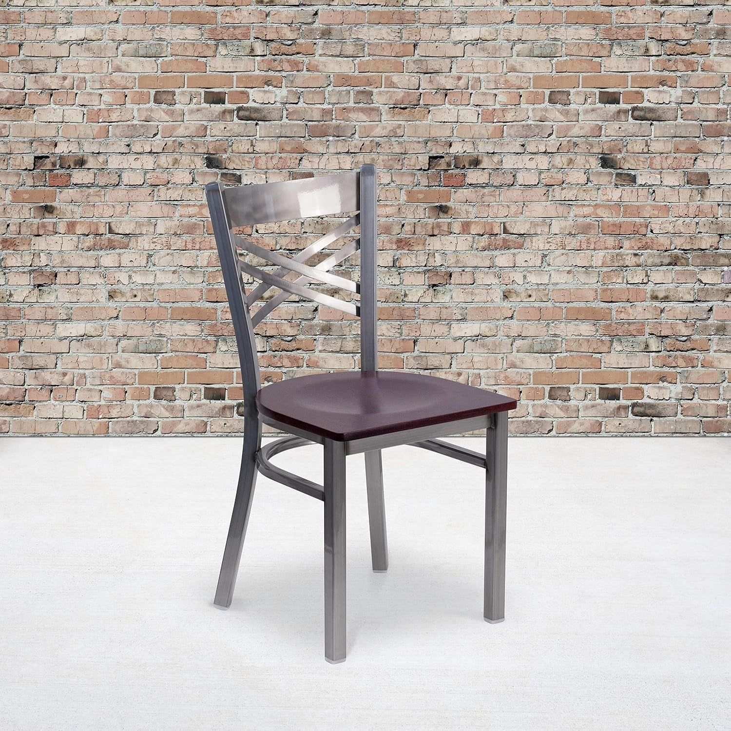 2 Pk. HERCULES Series Clear Coated &#39;&#39;X&#39;&#39; Back Metal Restaurant Chair - Mahogany Wood Seat