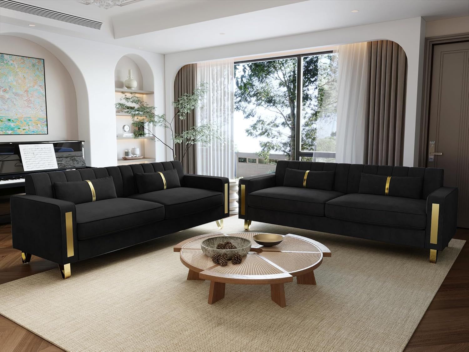 2-Piece Loveseat Couch Set for Living Room, 86&quot; Black Velvet Sofa Couch with 4 Pillows &amp; Gold Metal Legs, Modern Upholstered Sofa Set Love Seat Sectional Couches for Apartment Home Office
