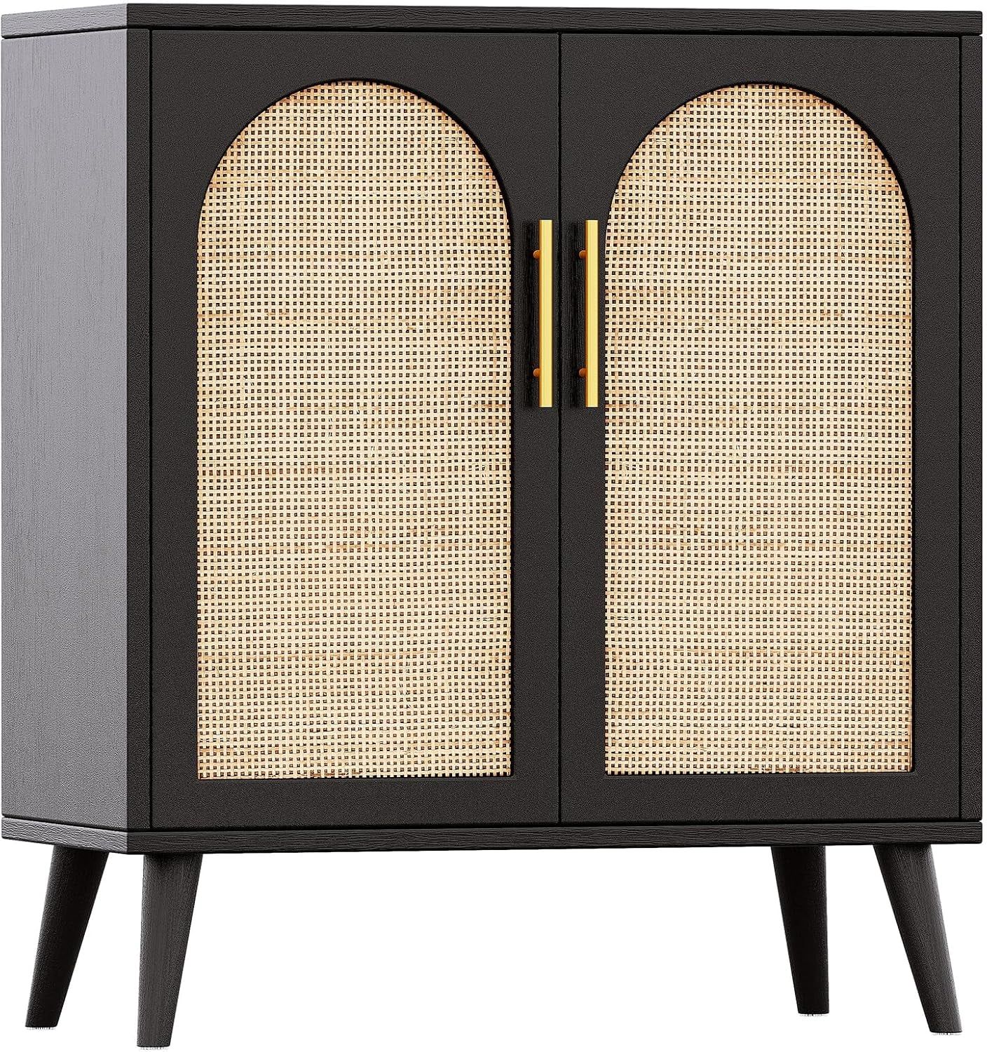 Rattan Storage Cabinet with Doors, Accent Bathroom Floor Cabinet, Modern Sideboard Buffet Cabinet for Living Room, Entryway, Dining Room and Kitchen, Black and Natural BMGZ108BM