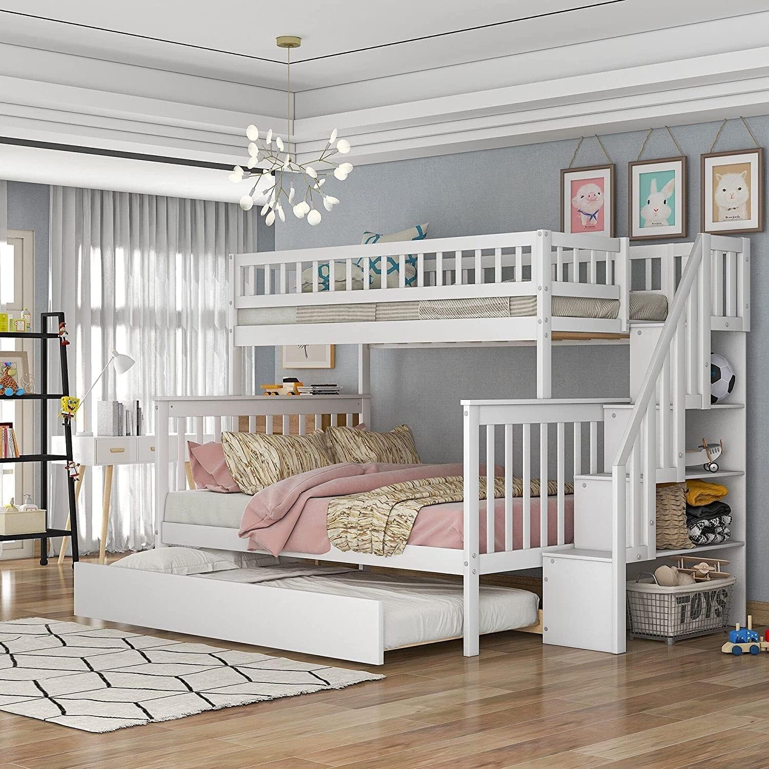 Twin over Full Bunk Beds with Twin Size Trundle &amp; Stairway, Solid Wood Bunk Bed Twin over Full Size with Storage and Guard Rail for Bedroom, Dorm, Kids, Teens,Adults,White
