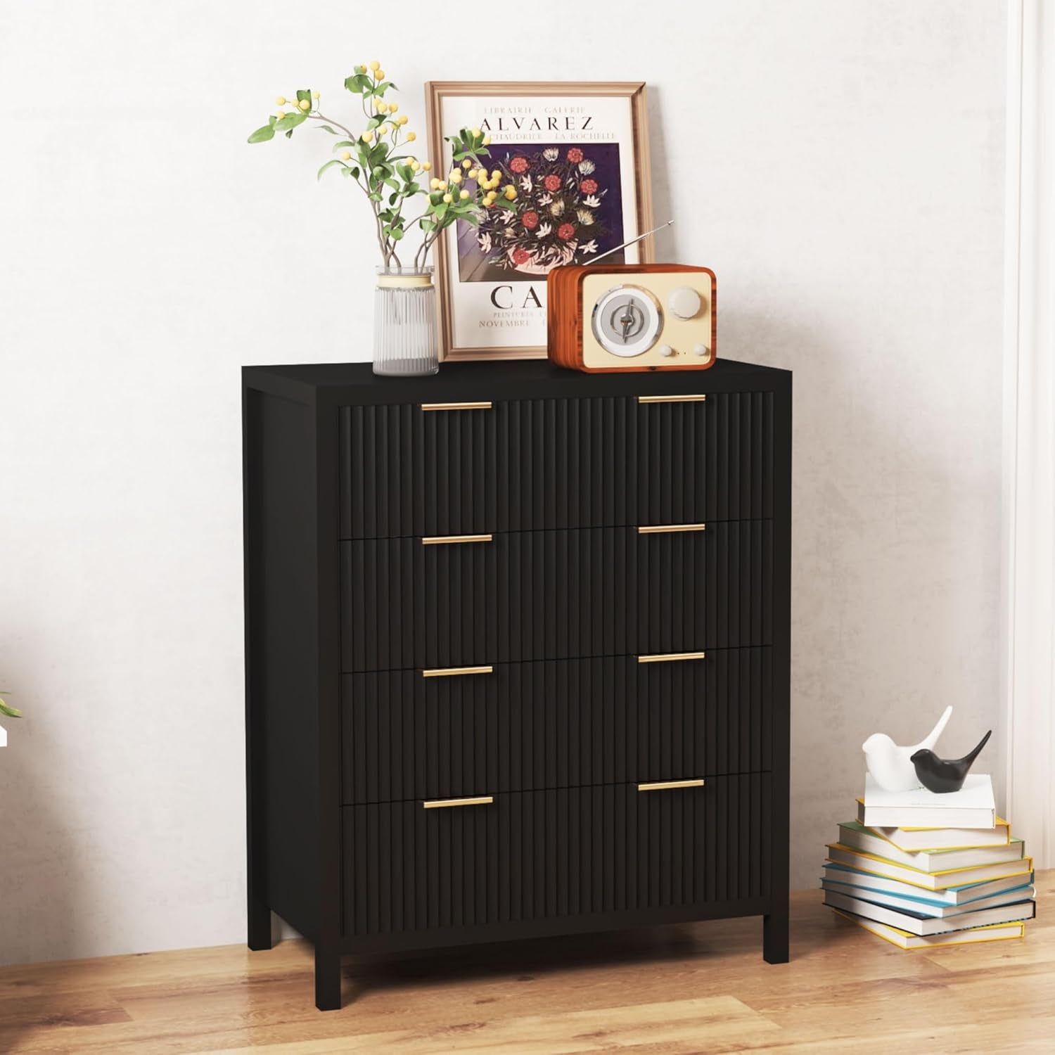 4 Drawer Dressers for Bedroom, Modern Closet Chest of Drawers with Waveform Fluted Panel, Large Wood Storage Dresser Organizer for Nursery Bedroom Living Room Hallway Closet, Black