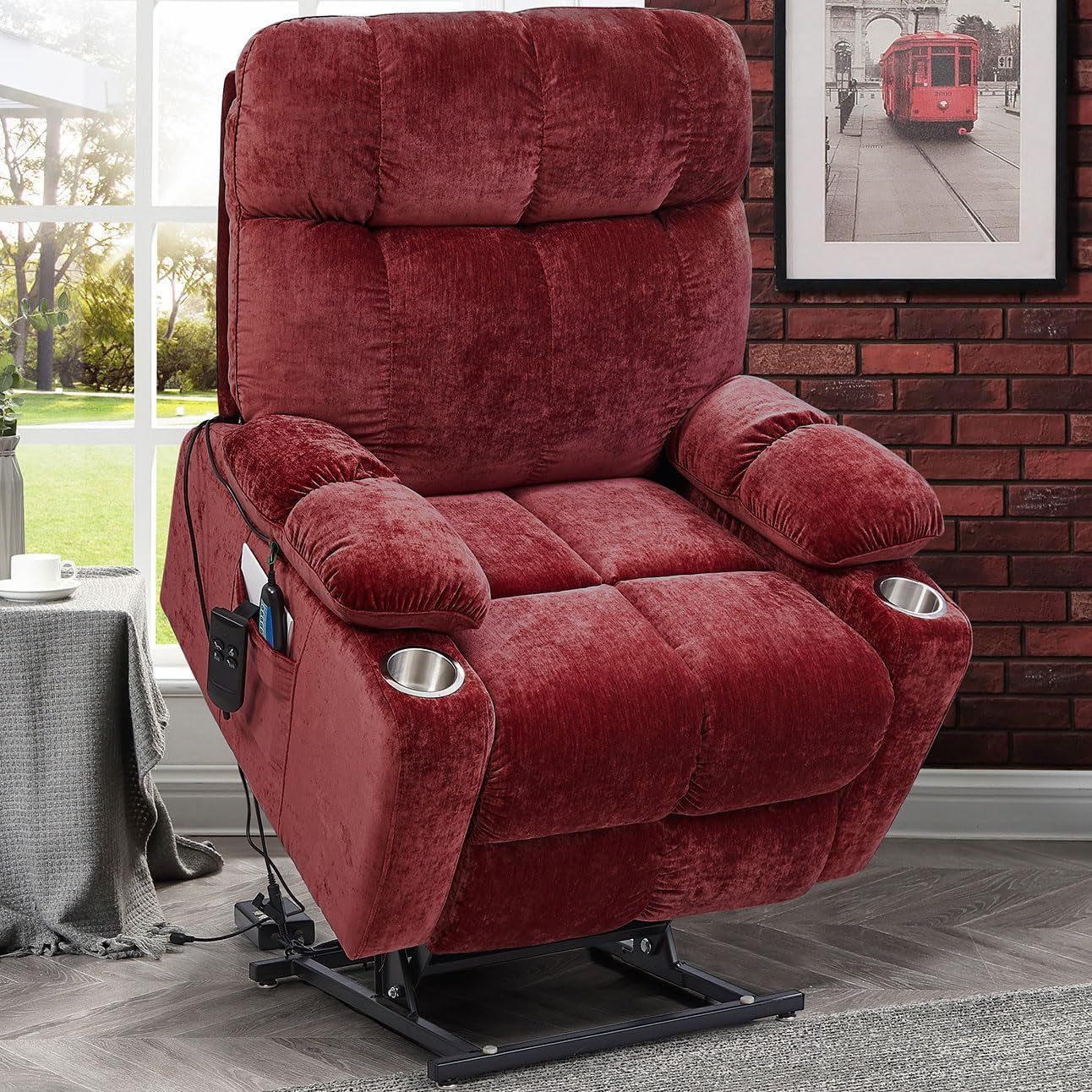 180 Degree Flat Sleeping Electric Dual OKIN Motor Lift Recliner Chair with Vabriation Heating for Elderly, Infinite Position Soft Fabric Power Recliner Sofa Chair for Living Room Red