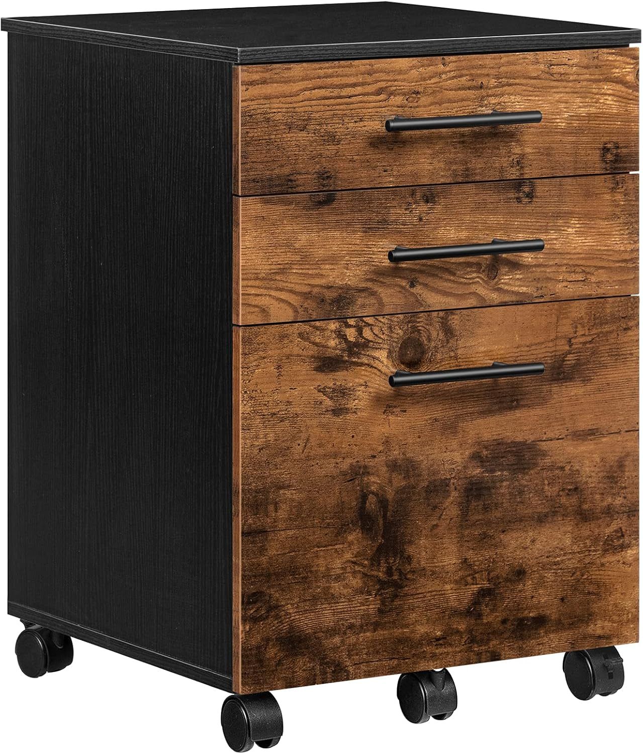 3-Drawer File Cabinet, Wooden under Desk Filing Cabinet, Fits A4/Letter Size for Home Office, Small Rolling File Cabinet, Printer Stand, Hanging File Folders, Rustic Brown and Black BF02WJ01G1