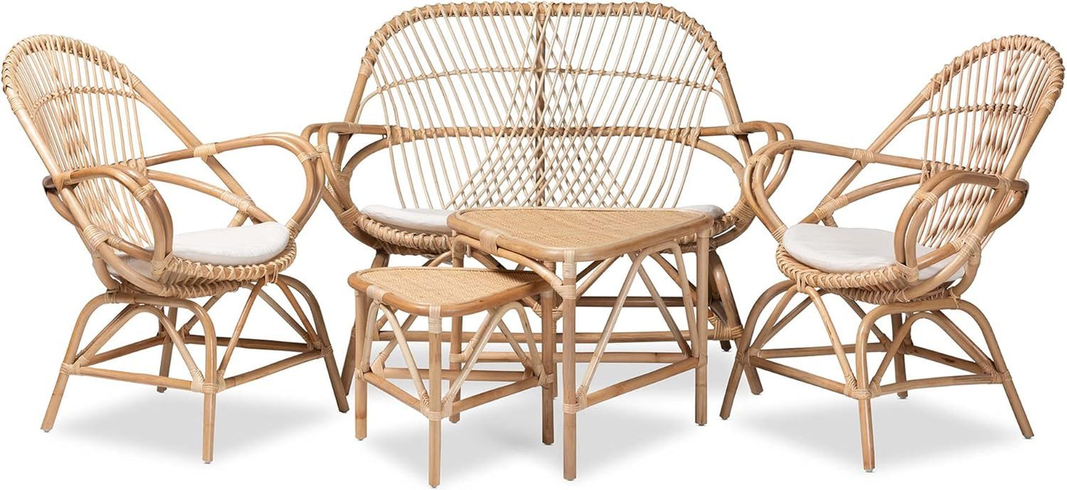 Jayden Modern Bohemian Natural Rattan 5-Piece Living Room Set